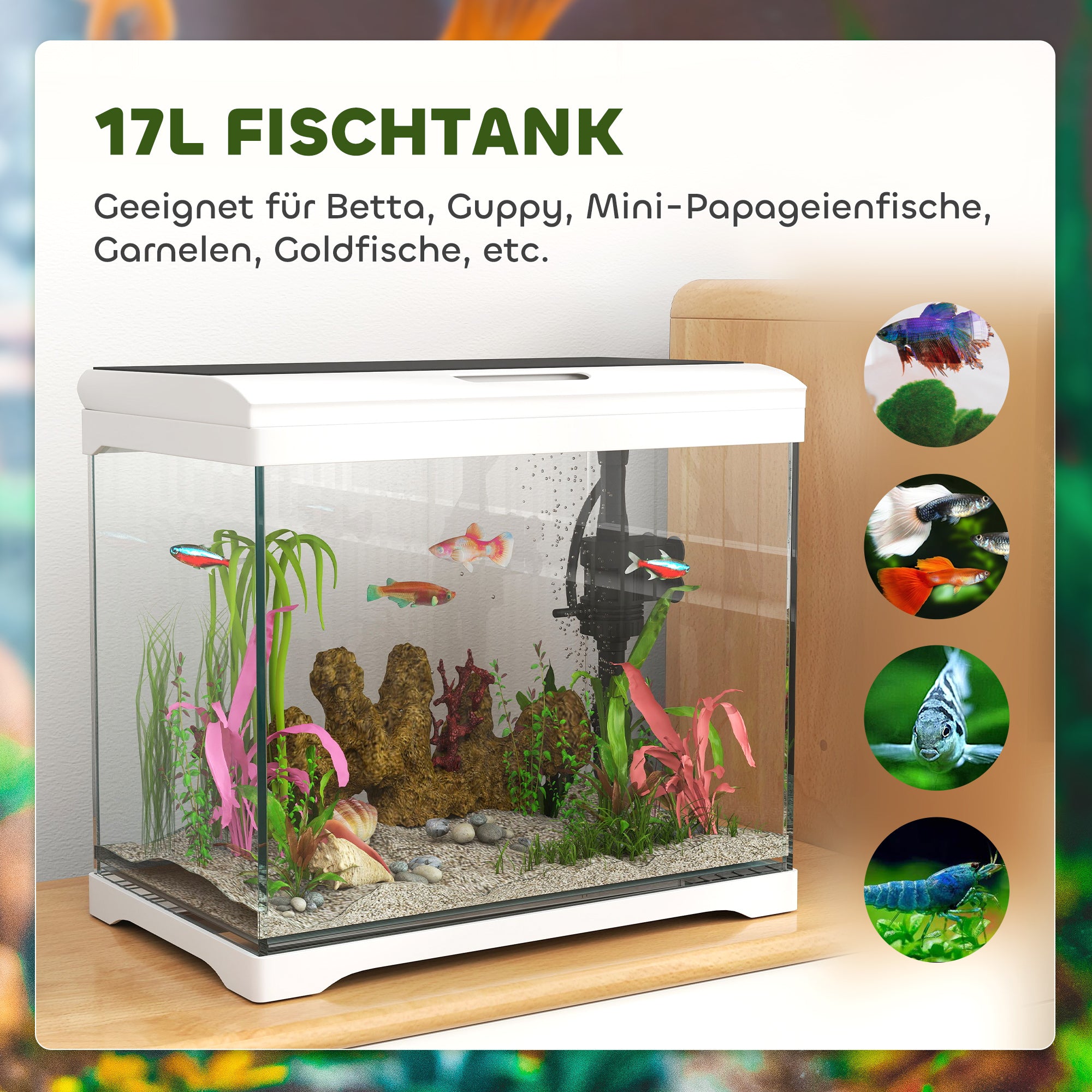 PawHut Aquarium, 17 L Tropenfischaquarium, leichte Pflege, klare Sicht, mit LED-Leuchten, 35L x 21B x 31H cm, Weiß+Schwarz