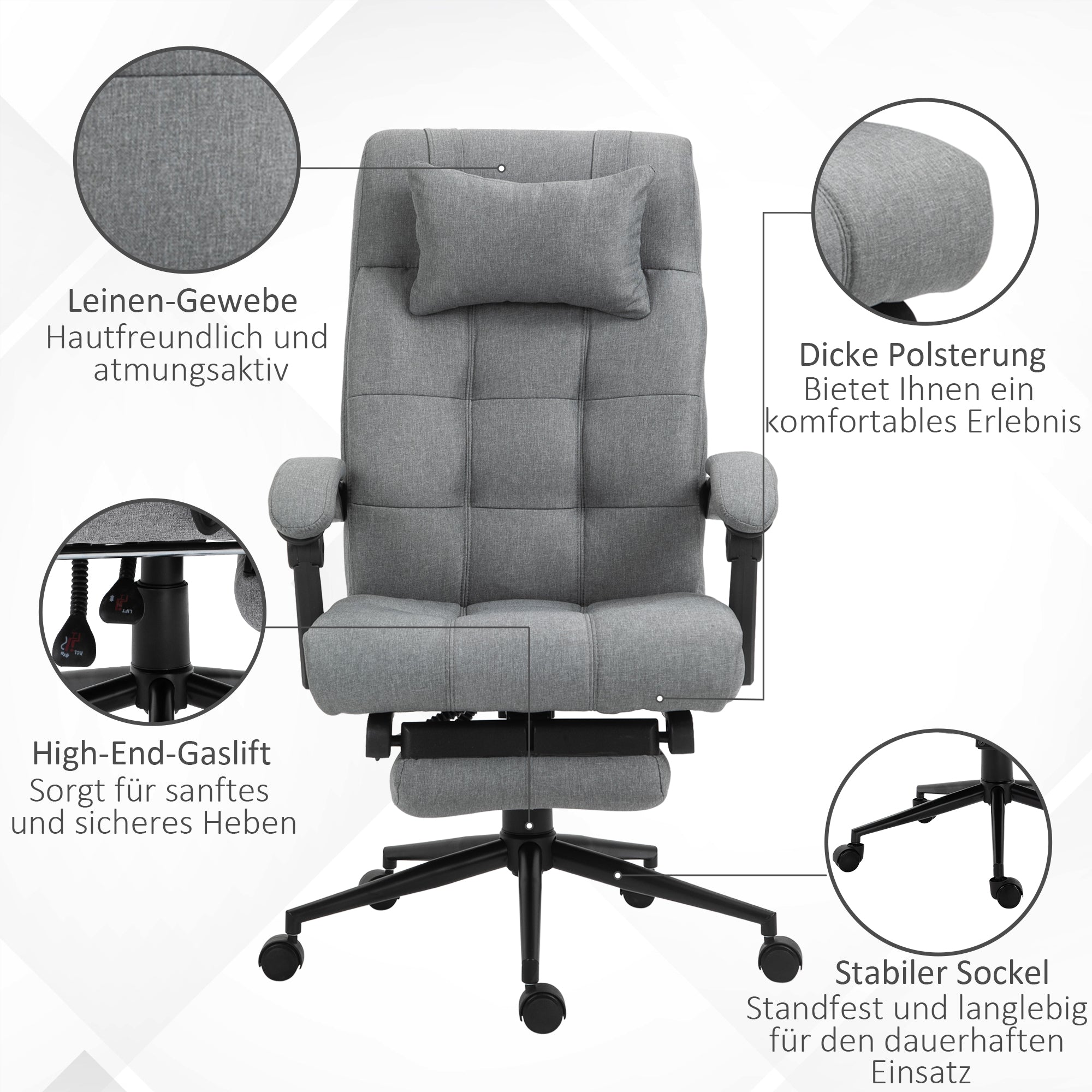 Vinsetto Bürostuhl mit Kopfkissen Armlehne Schreibtischstuhl mit Neigungswinkel Höhenverstellbarer Drehstuhl mit Fußstütze Leinen Schaumstoff PVC Hellgrau 66 x 76 x 112-120 cm