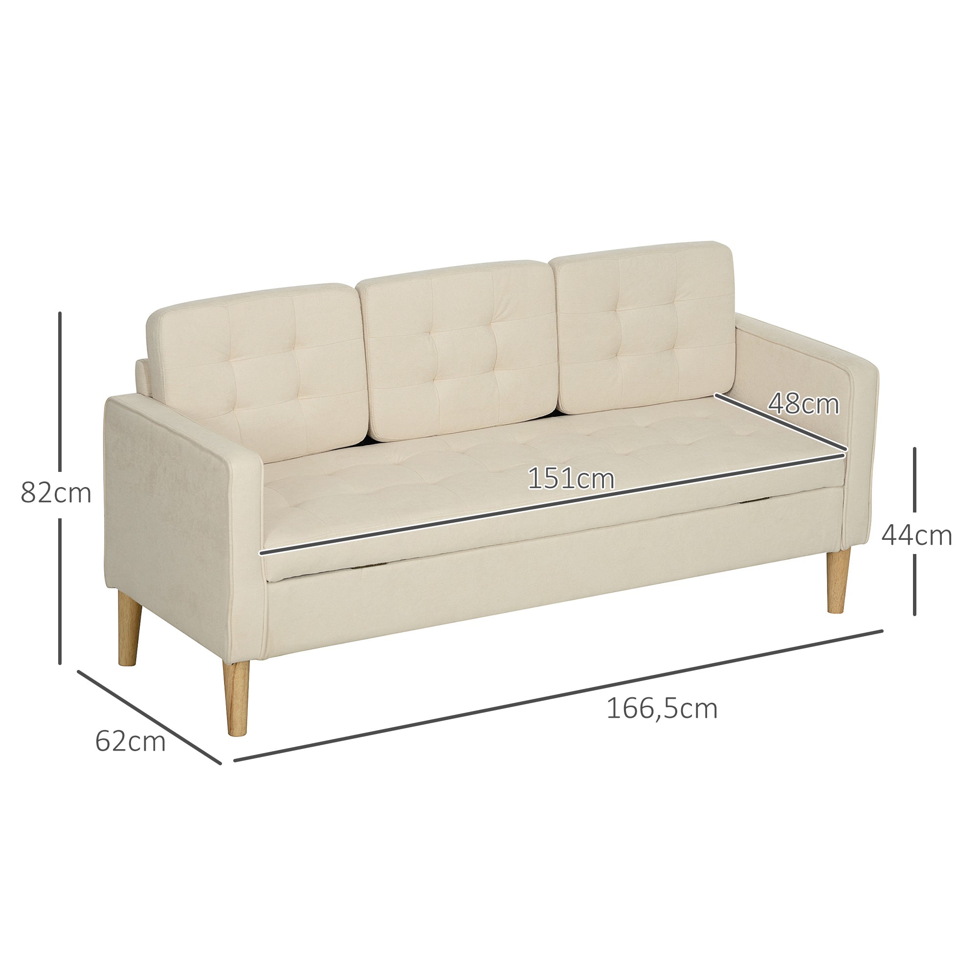 HOMCOM 3-Sitzer Sofa mit Stauraum, Knopfheftung, Polstercouch, 166,5 x 62 x 82 cm, Cremeweiß
