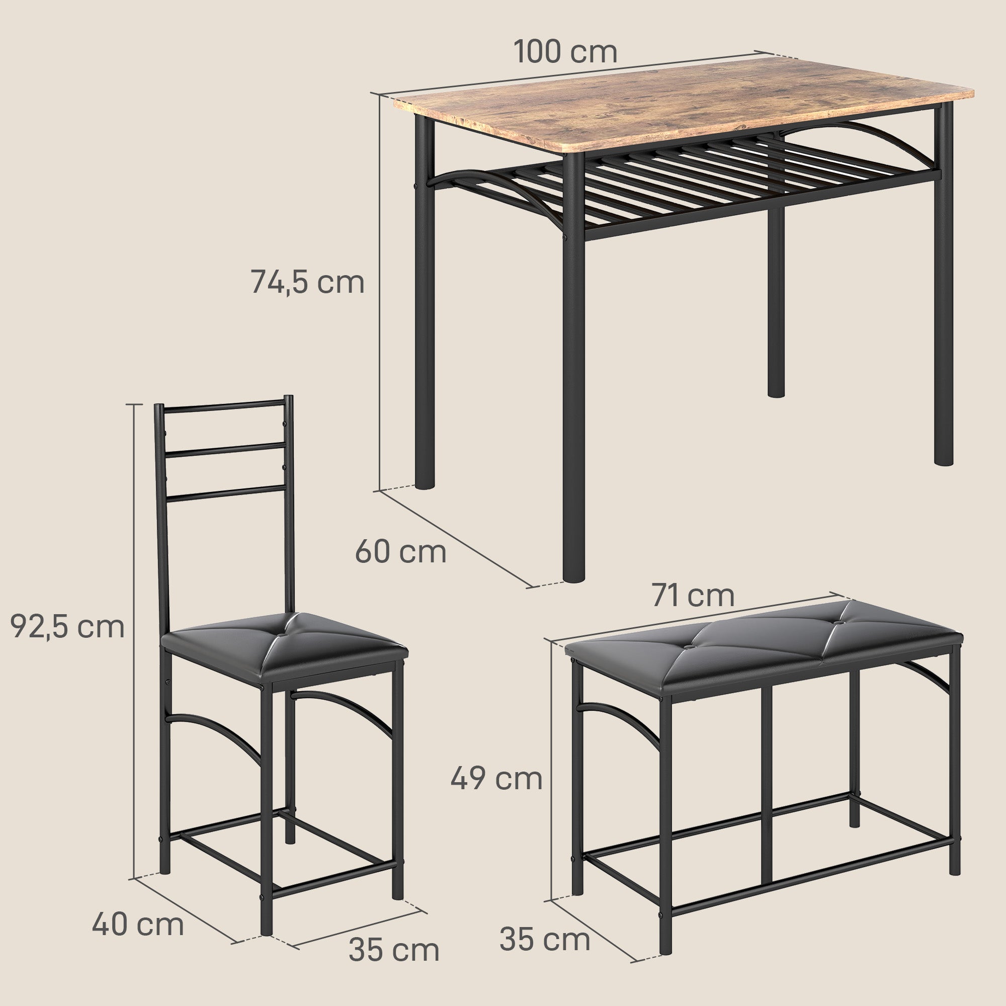 HOMCOM 4-teiliges Esszimmer-Set, Platzsparendes Set aus Tisch, 2 Stühlen und Bank, für kleine Räume, Metall, Holz, Braun