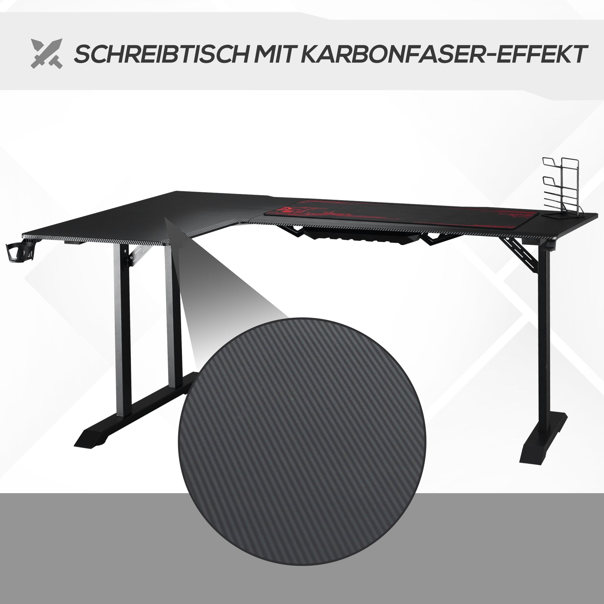 HOMCOM Gaming Tisch Schreibtisch L-förmige mit Kopfhörerhaken Getränkehalterung Computertisch MDF Metall Schwarz+Rot 168 x 109 x 78 cm
