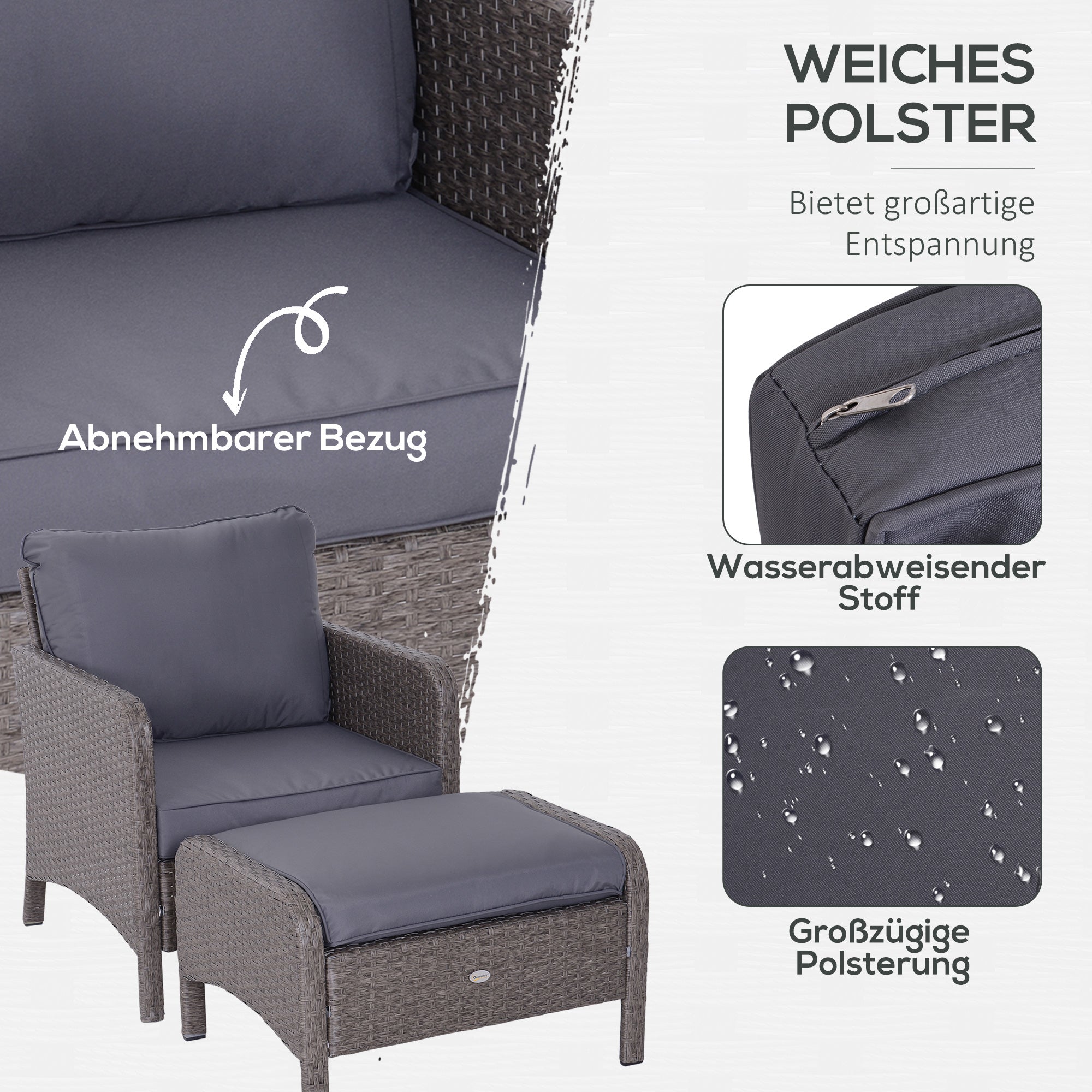 Outsunny 5-tlg. Polyrattan Gartenmöbel Sitzgruppe Gartenset Sofagarnitur Garnitur Lounge mit Kissen Dunkelgrau 2 x Sessel 1 x Couchtisch 2 x Hocker