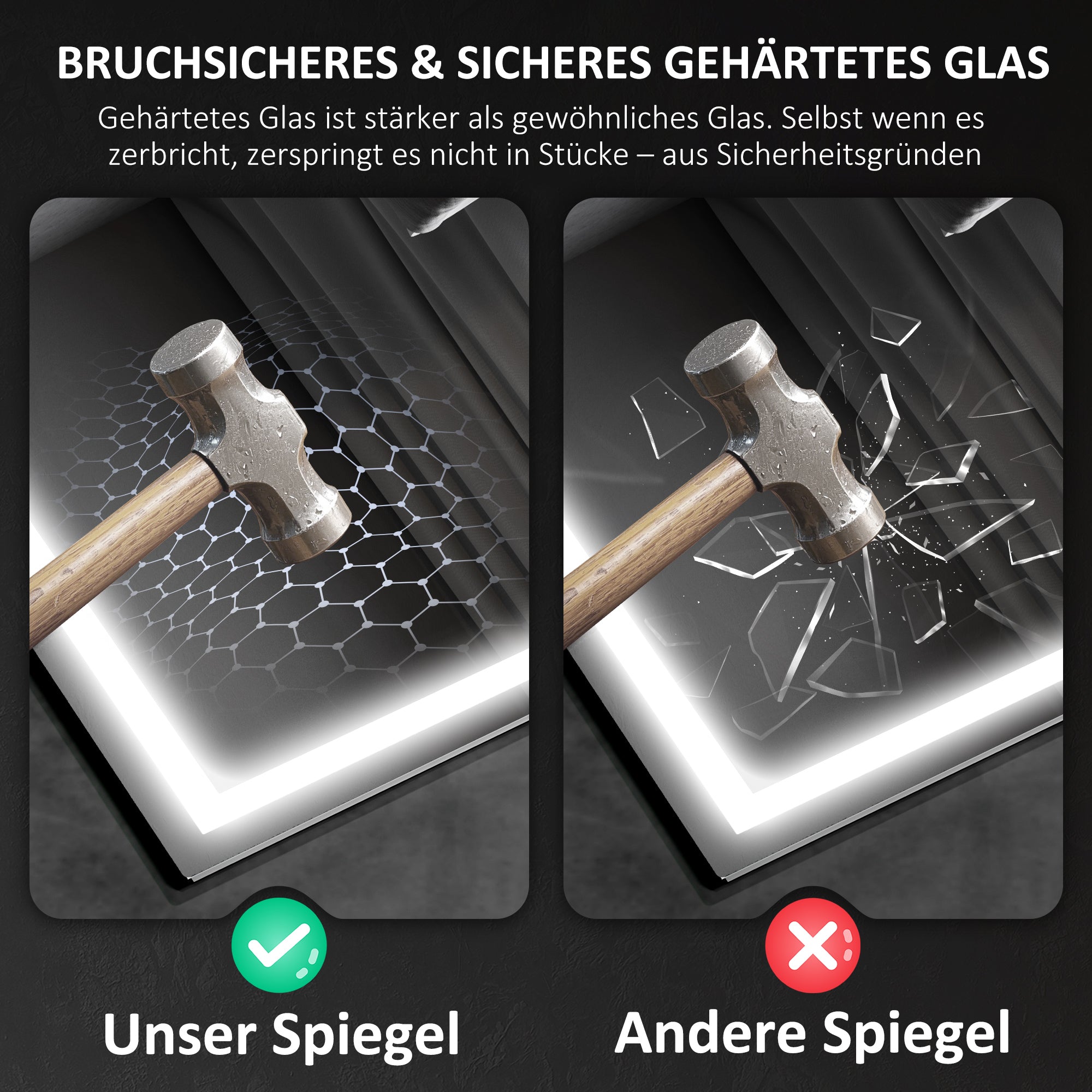 HOMCOM Badezimmerspiegel mit LED-Beleuchtung, Anti-Beschlags-Pad, 3 verstellbare Farben, Uhr, 600 x 800 mm, Silberfarben