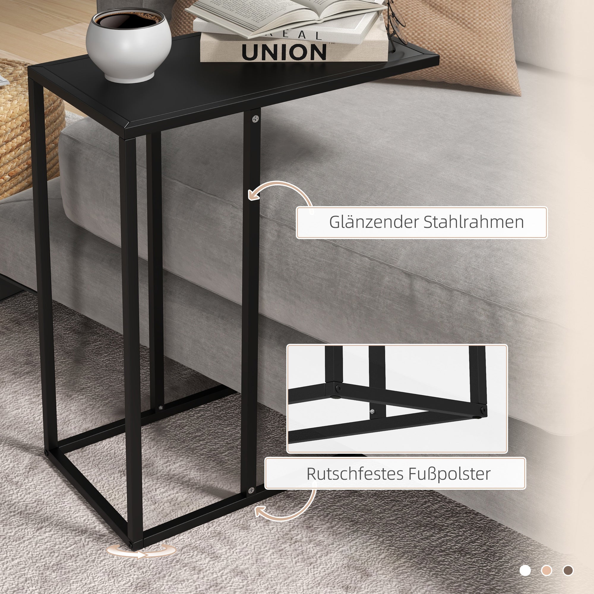HOMCOM Beistelltisch Laptoptisch, Sofatisch in C-Form, mit Stahlgestell, Schwarz