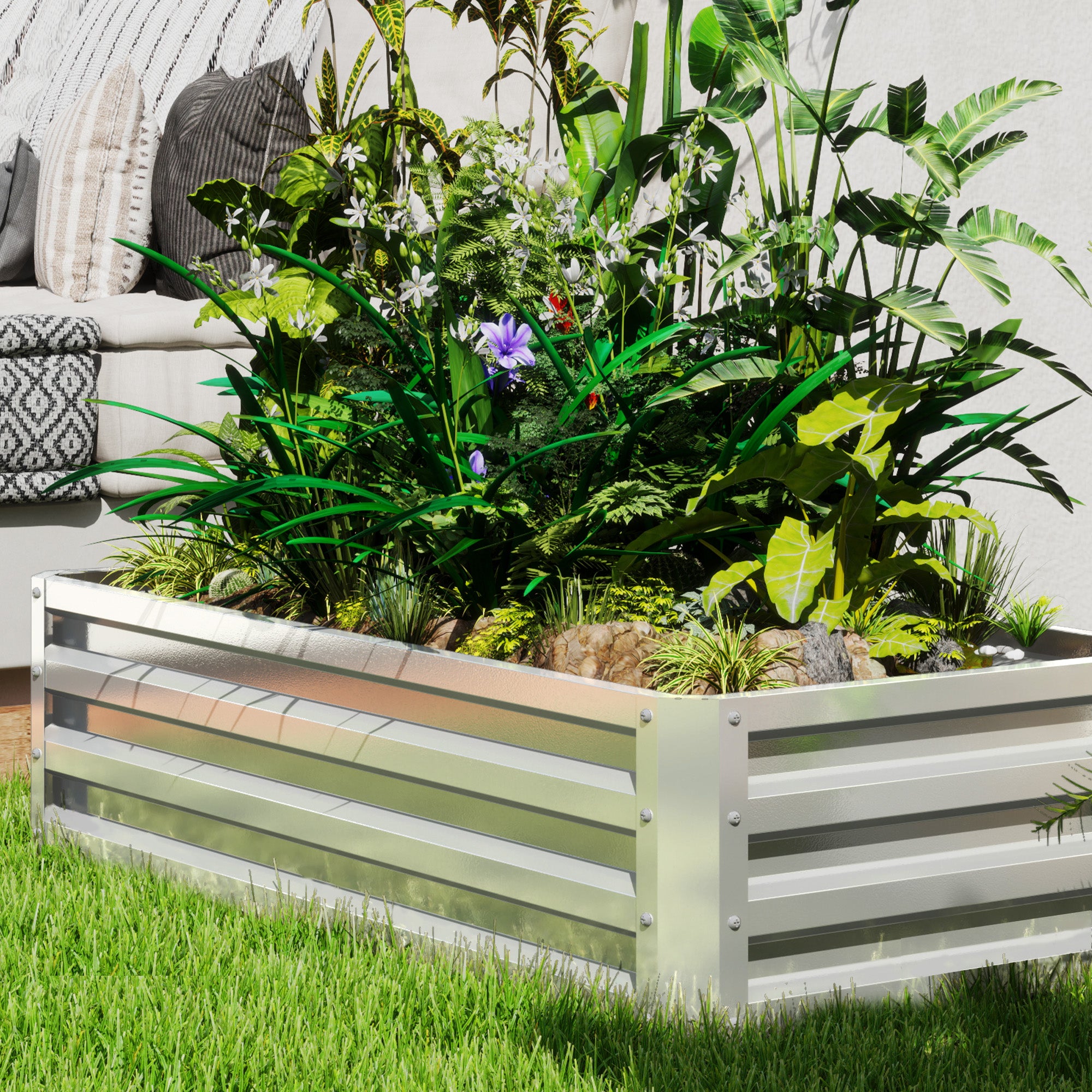 Outsunny Hochbeet Pflanzkasten, wetterbeständig, offener Boden, verzinkter Stahl, 120 cm x 60 cm x 30,5 cm, Silber