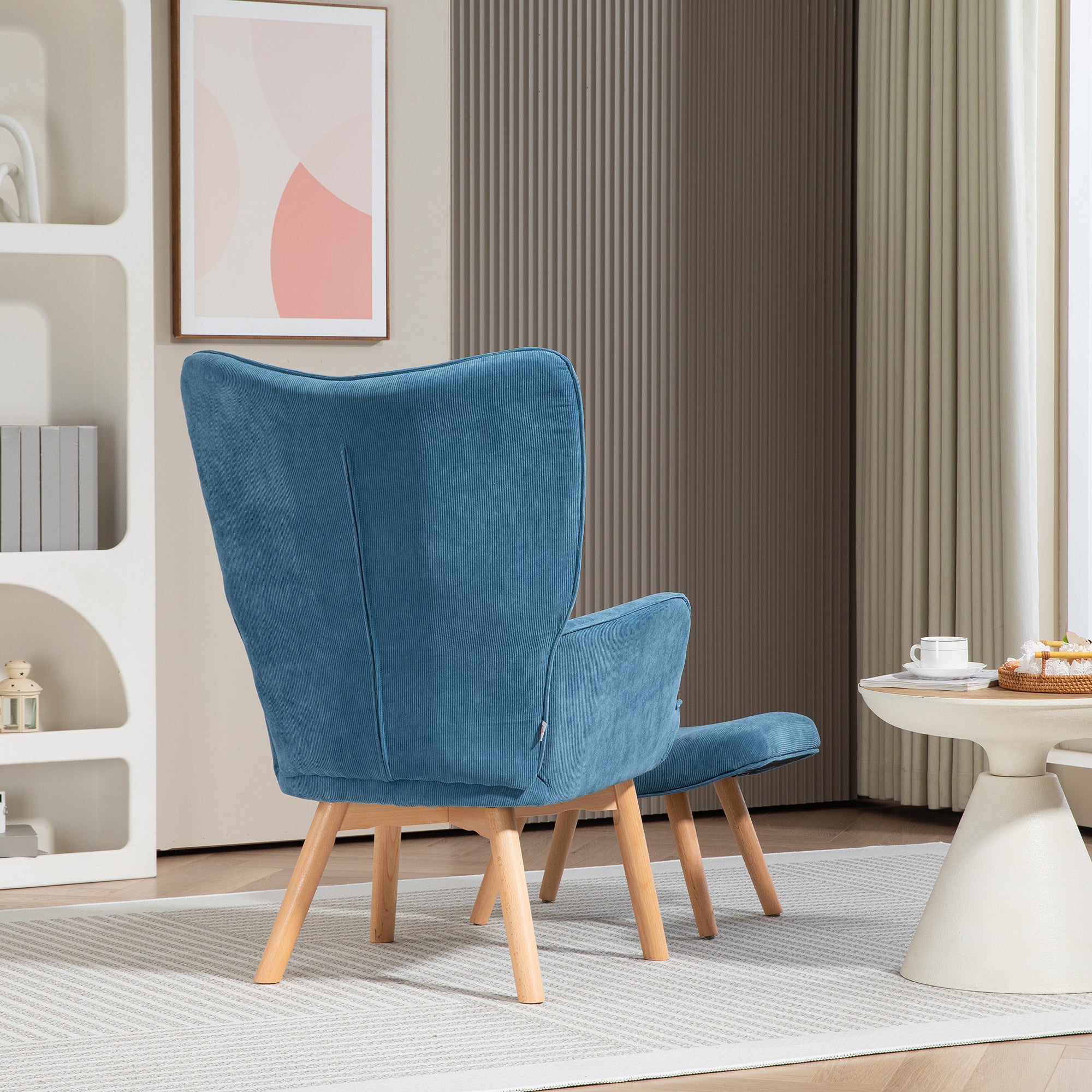 HOMCOM Akzentsessel mit Hocker, Relaxsessel in Cord-Optik, Armlehnstuhl mit Holzbeinen, für Wohnzimmer, Blau