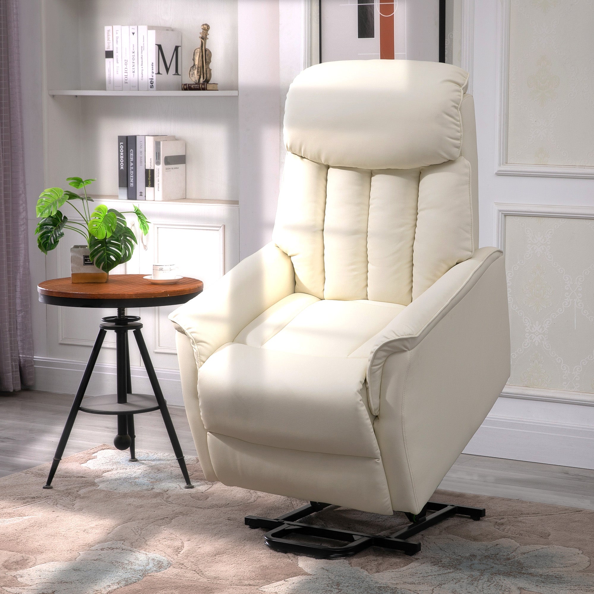 HOMCOM Relaxsessel Elektrisch Fernsehsessel mit Aufstehhilfe, Liegefunktion, TV Sessel mit Fußteil, Seitentasche, Fernbedienung, für Wohnzimmer, bis 150 kg, Kunstleder, Beige