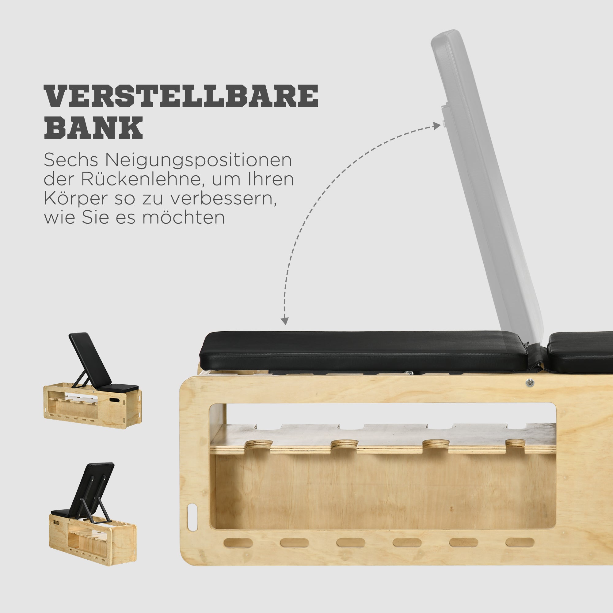 HOMCOM Hantelbank mit Hantelablage, 1 Aufbewahrungskorb, in 6 Positionen verstellbar, Massivholz, Natur + Schwarz