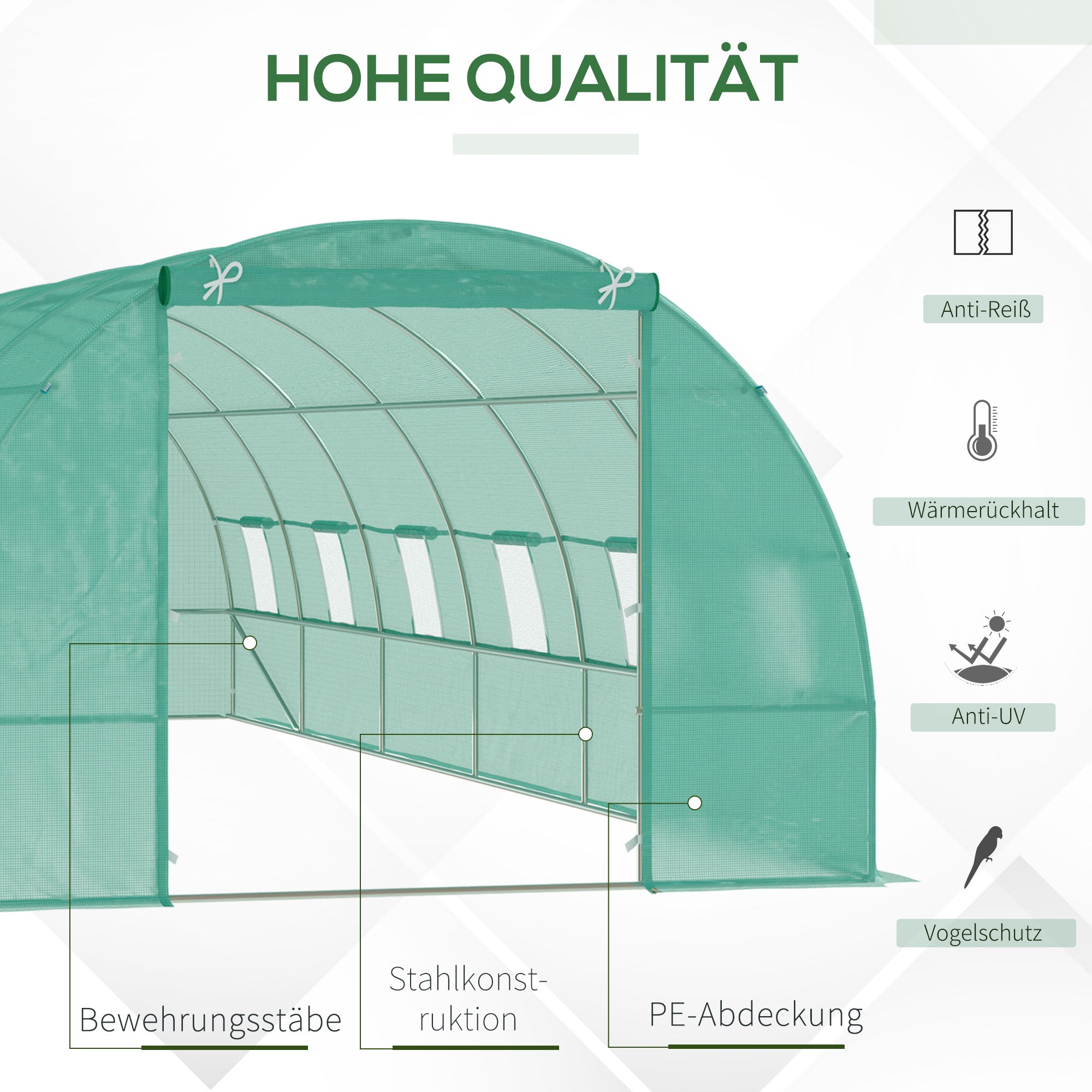 Outsunny Gewächshaus 800x300x200cm Foliengewächshaus Tomatenhaus mit Tür, 12 Fenster, Folientunnel aus verzinktem Stahl, PE, stabiles Treibhaus Pflanztunnel, inkl. Erdanker & Seilen, Grün