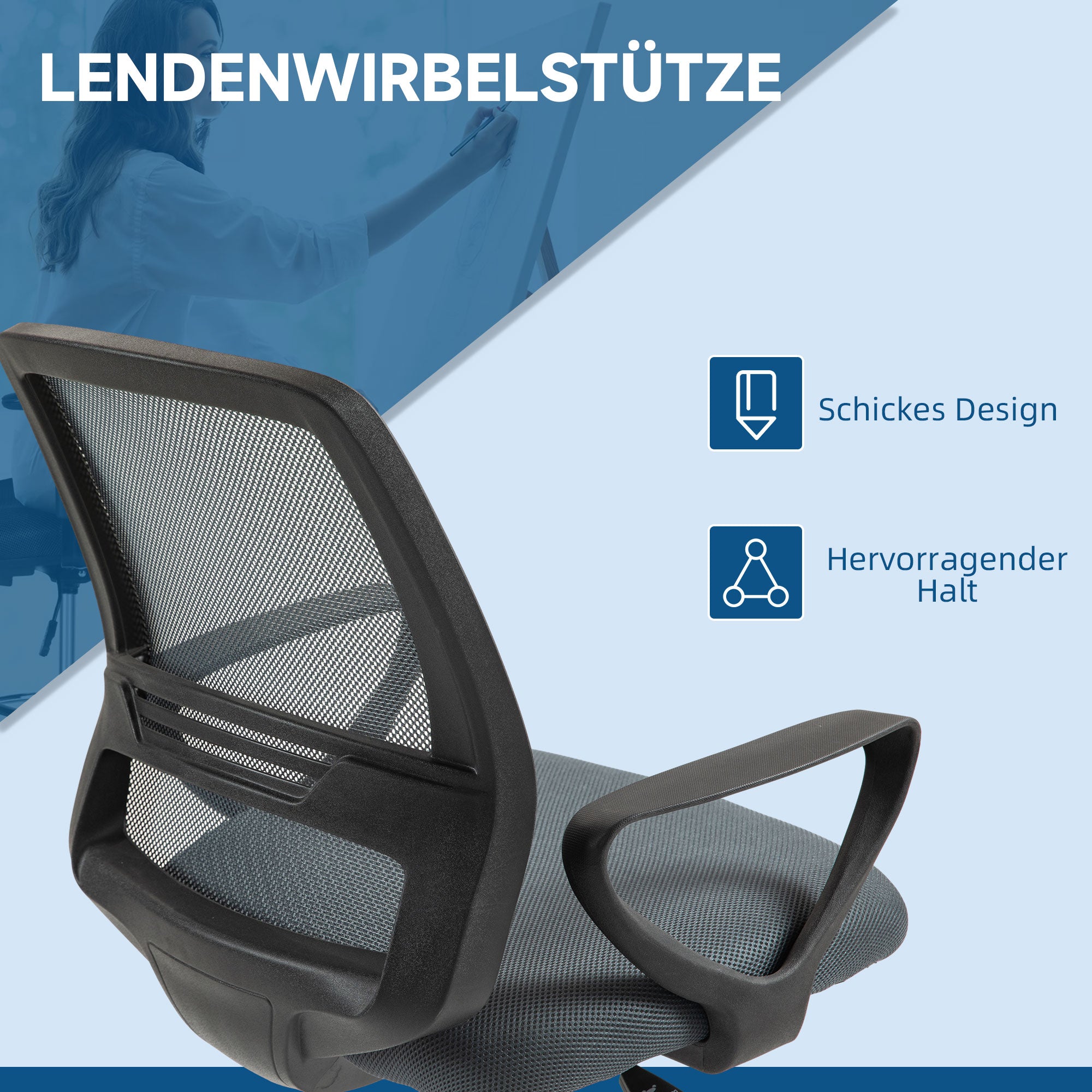 Vinsetto Bürostuhl Ergonomischer Schreibtischstuhl mit Armlehnen und Verstellbarer Fußring Netzbespannung Grau