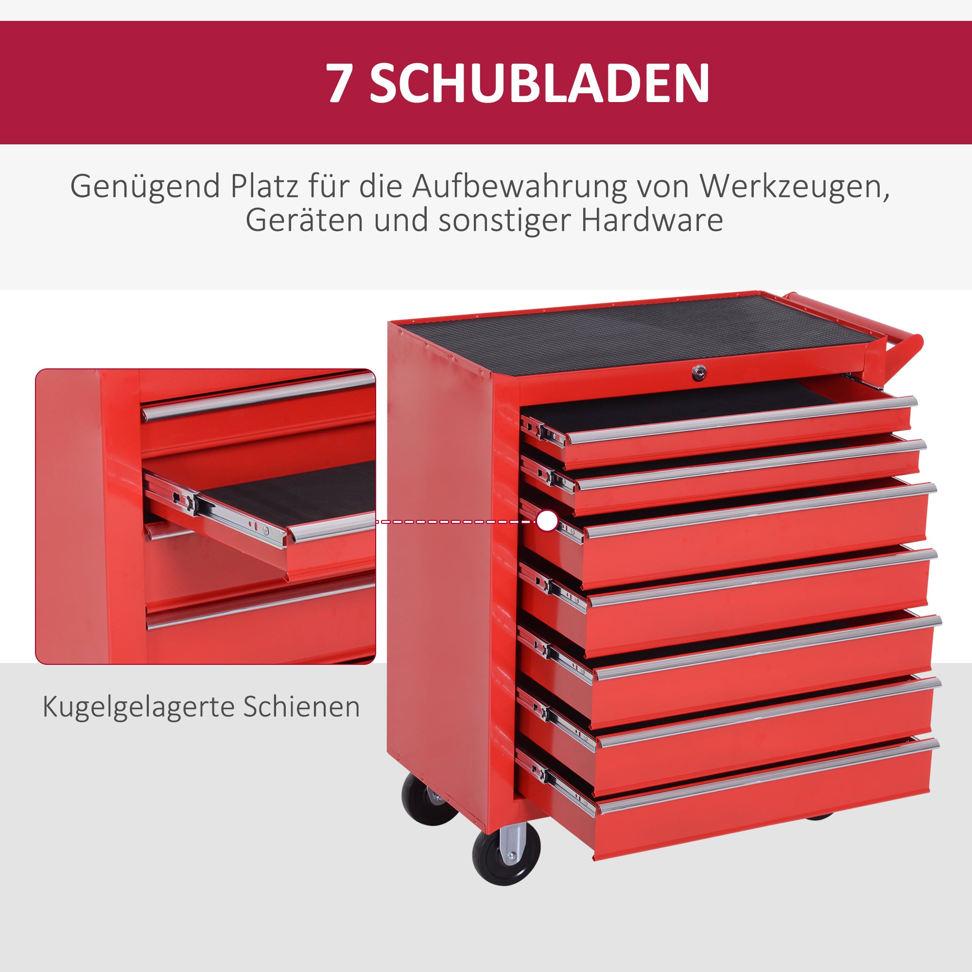 DURHAND Werkzeugwagen, 2 kleine & 5 große Schubladen, Stahl, bis 150 kg, 69 x 33 x 75 cm, Rot