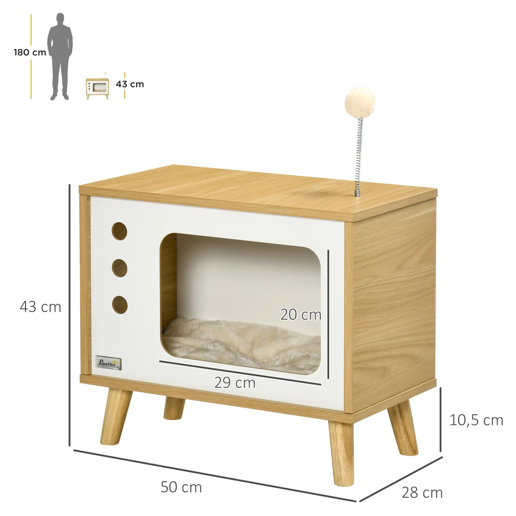 PawHut Katzenhöhle imTV-Design inkl. Spielzeug, waschbares Kissen, 50 cm x 28 cm x 43 cm, Eiche + Beige + Weiß