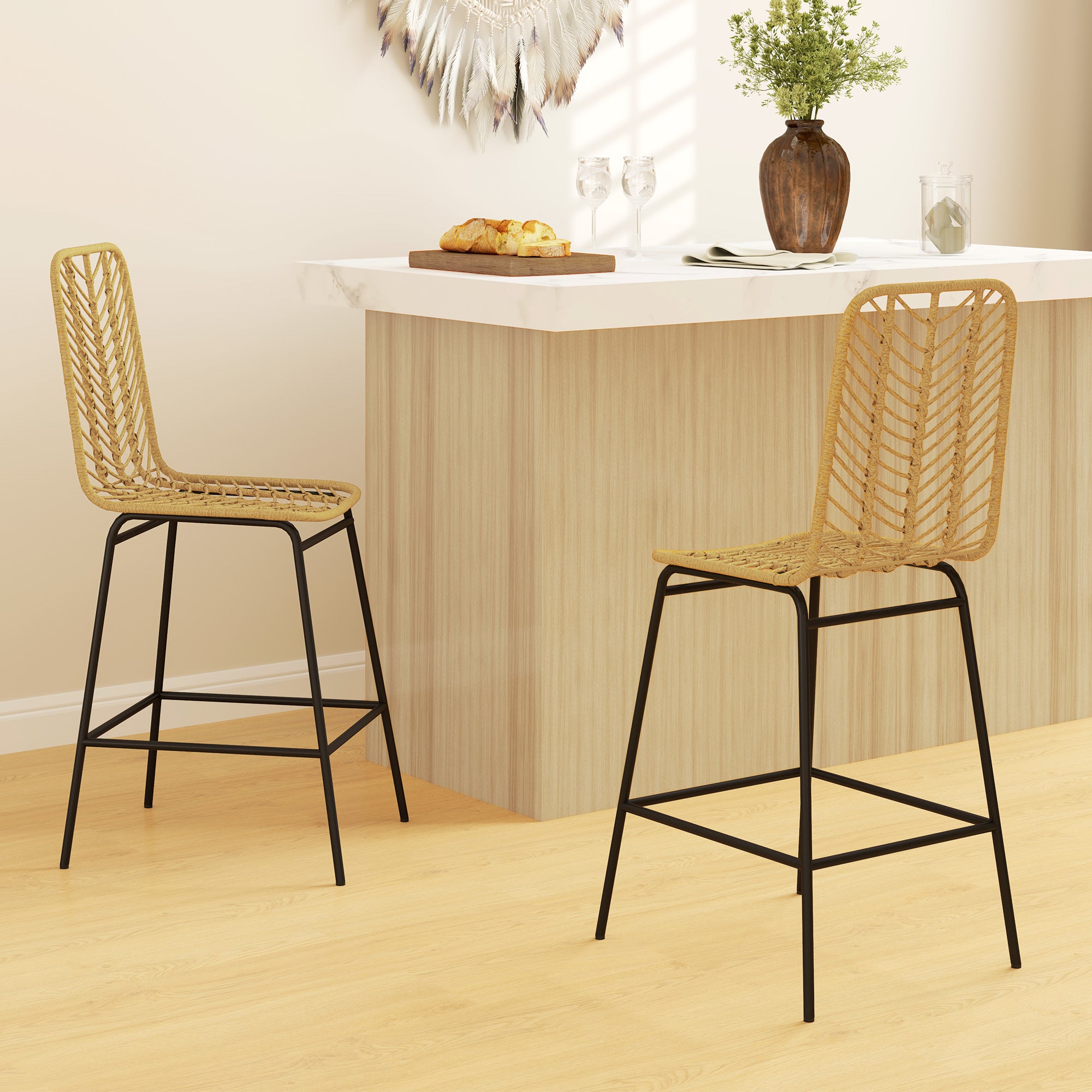 HOMCOM 2er Set Barhocker mit Lehne Barstühle im Boho-Design, PE-Rattan, inkl. Fußtstütze, 42,5 cm x 52 cm x 102 cm, Gelb + Schwarz