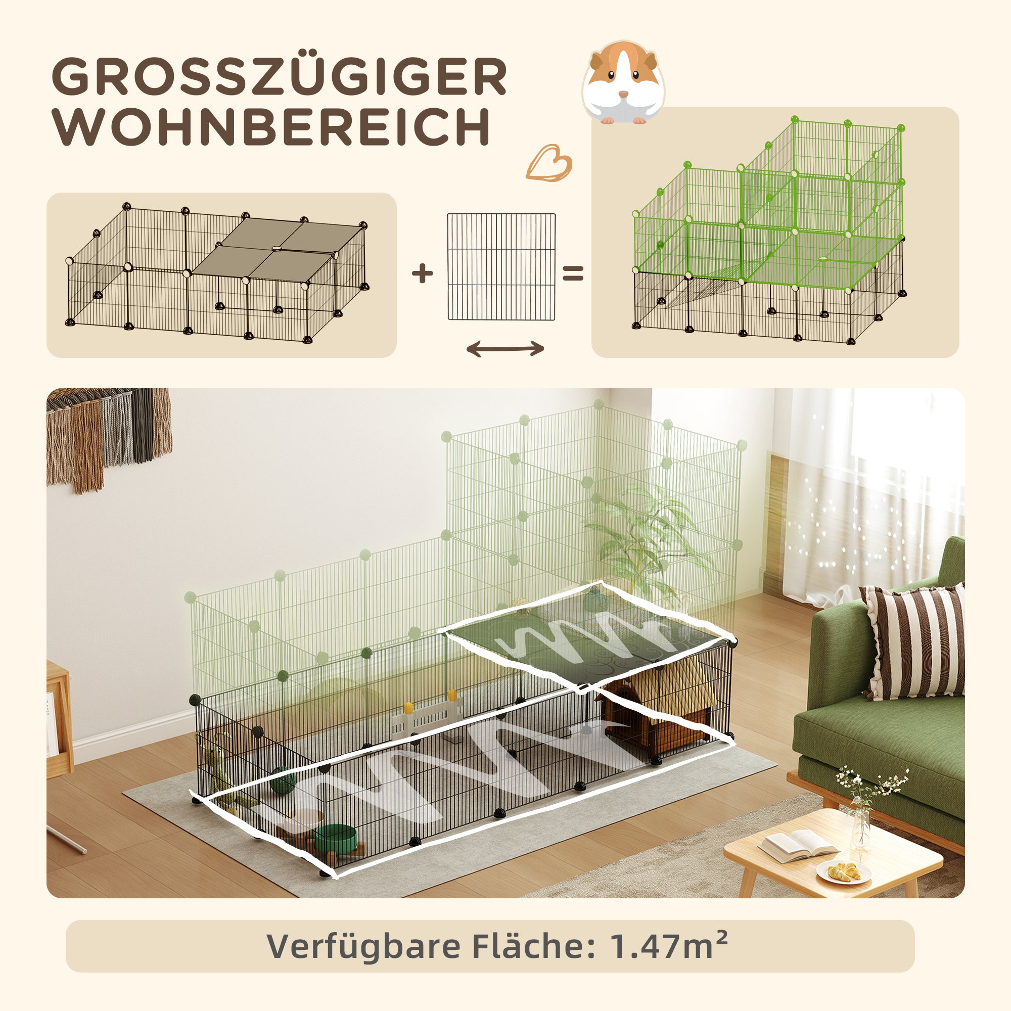 PawHut Gehege für Zwergkaninchen, 39-Paneel-Stall für kleine Haustiere, mit Rampe, für Kleintiere, Indoor, Schwarz
