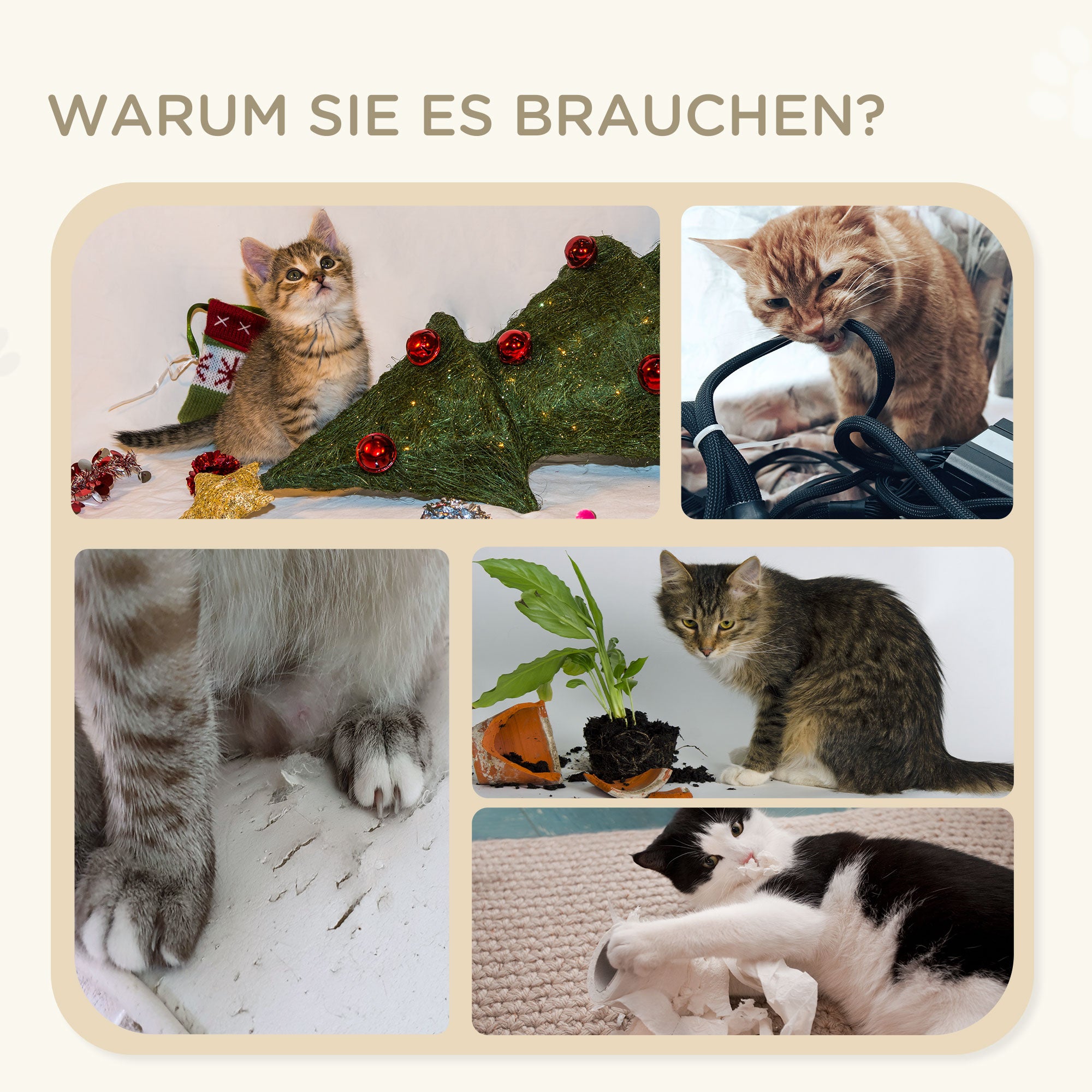 PawHut Katzentreppe, Kratzbaum, drei Stufen, Spielball, grau+holzfarben, 45 x 40 x 48cm