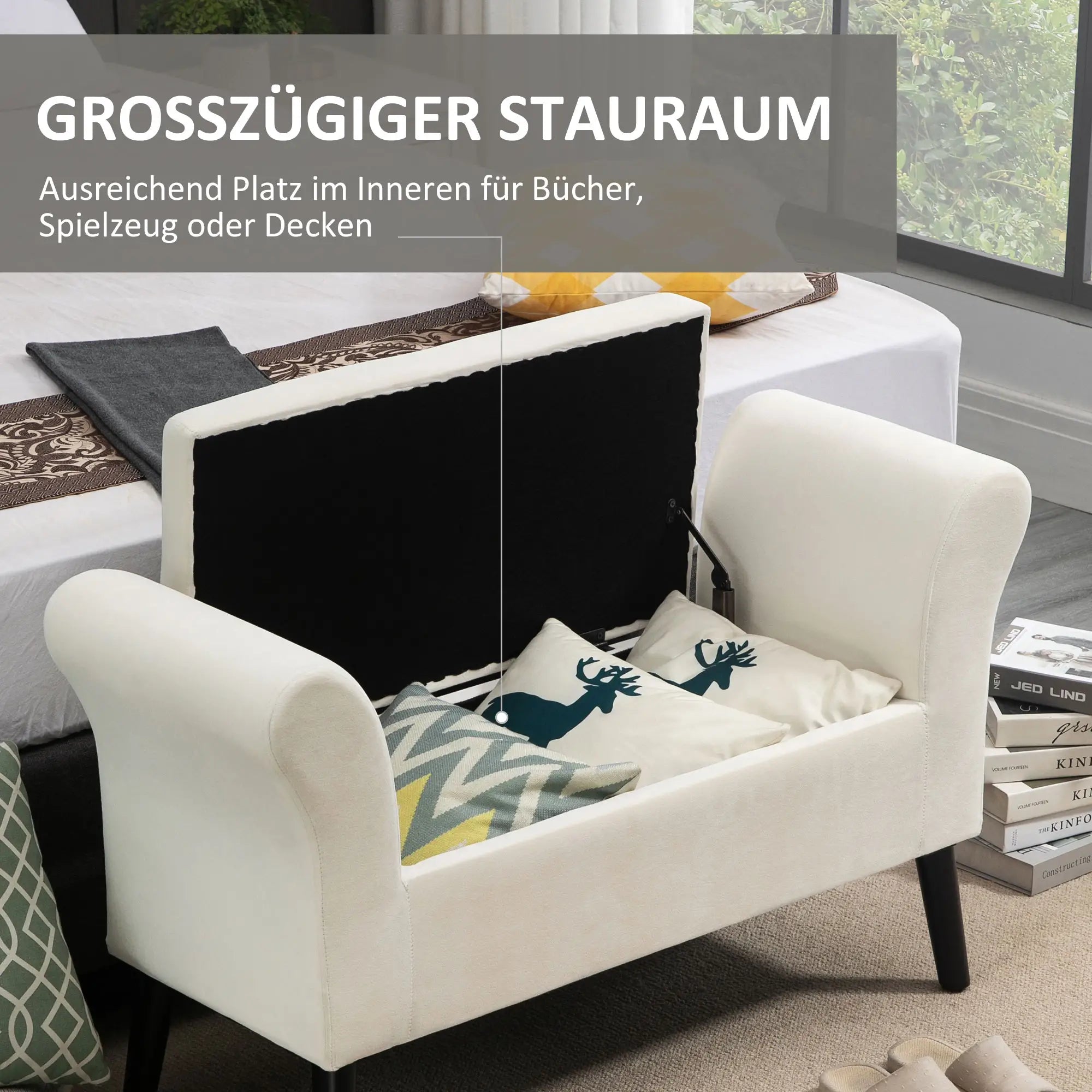 HOMCOM Sitzbank mit Stauraum, 111,5cm x 41cm x 65cm, Cremeweiß