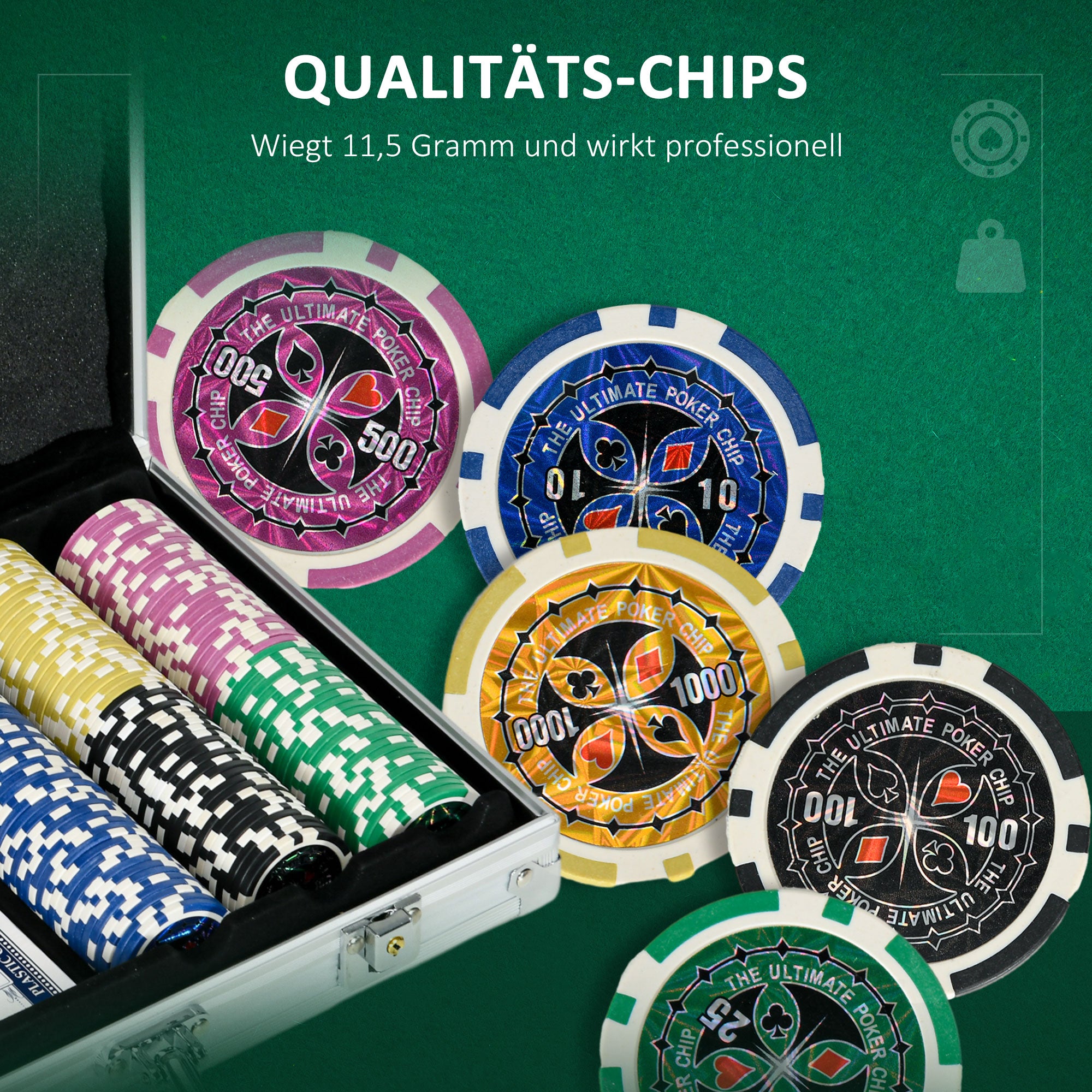 SPORTNOW Casinozubehör und Chips Pokerset mit Chips Pokerchip-Koffer, inkl. Unterlage, Set mit 300 Chips, 2 Kartenspielen, 5 Würfeln