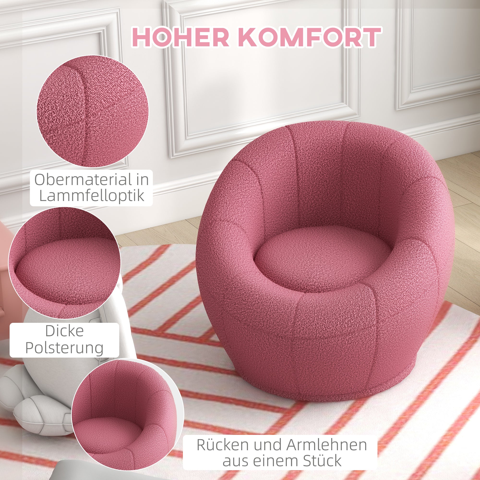 HOMCOM Kindersessel Kindermöbel Kinderhocker, Teddy-Fleece, 60 cm x 56 cm x 48 cm, Rosa