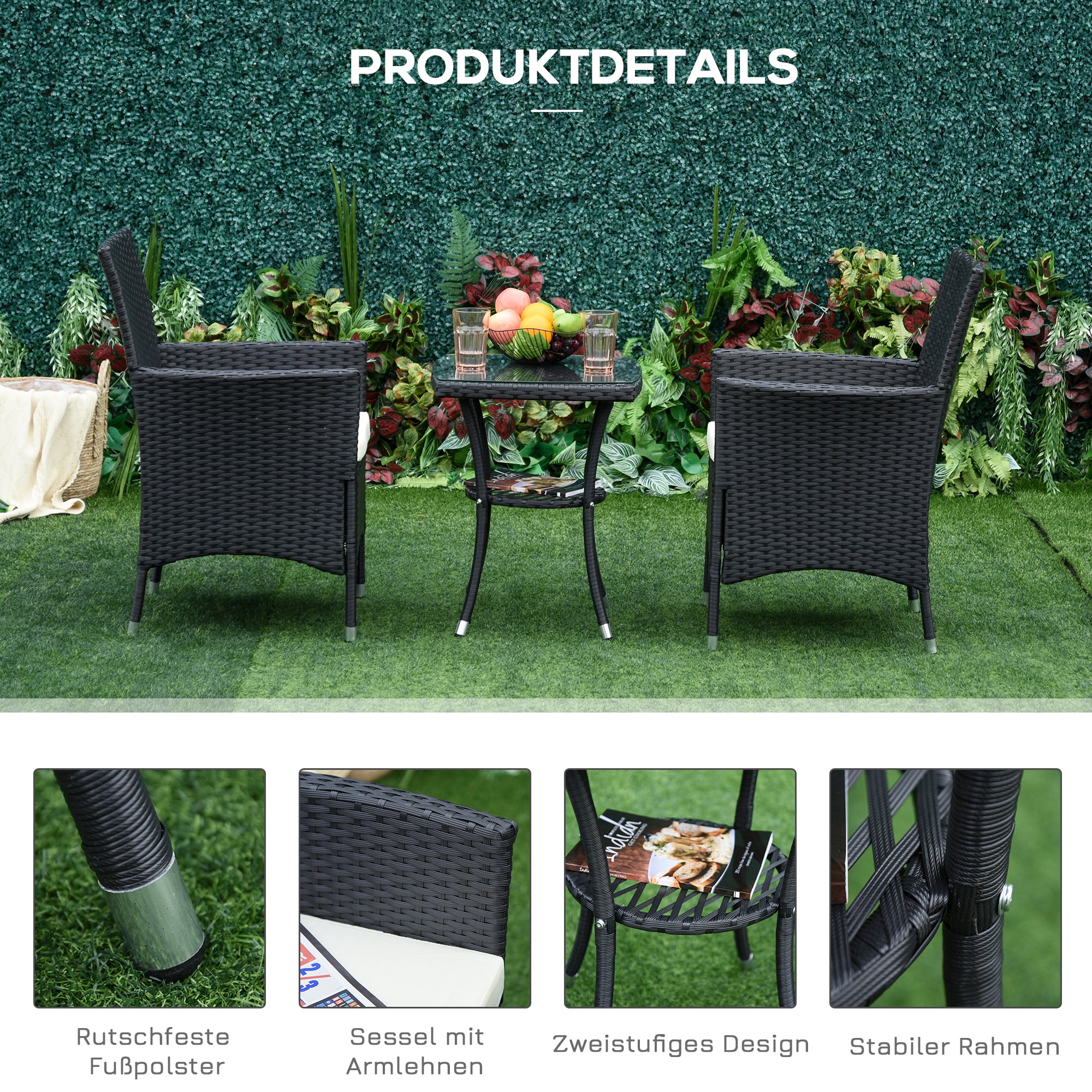 Outsunny Balkonmöbel Set für 2 Personen Sitzgruppe Rattan Gartenset Polyrattan Schwarz