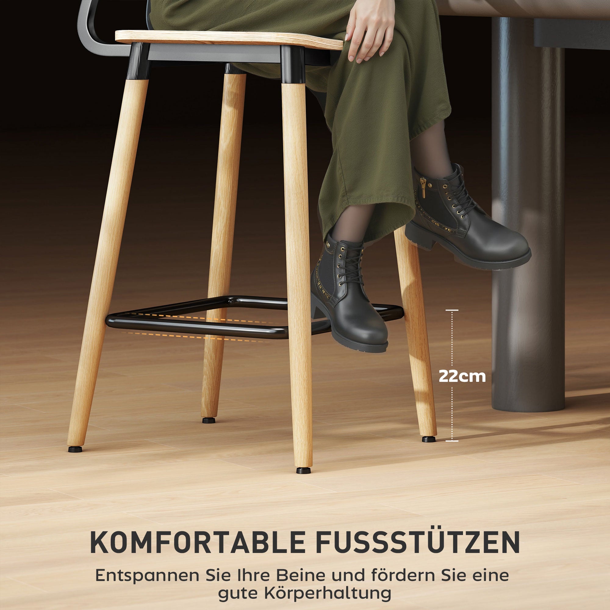 HOMCOM 2er-Set Barhocker mit Rückenlehne, Barstühle für Hausbar, Kücheninsel, Esszimmer, Holz, Metall, Hellbraun