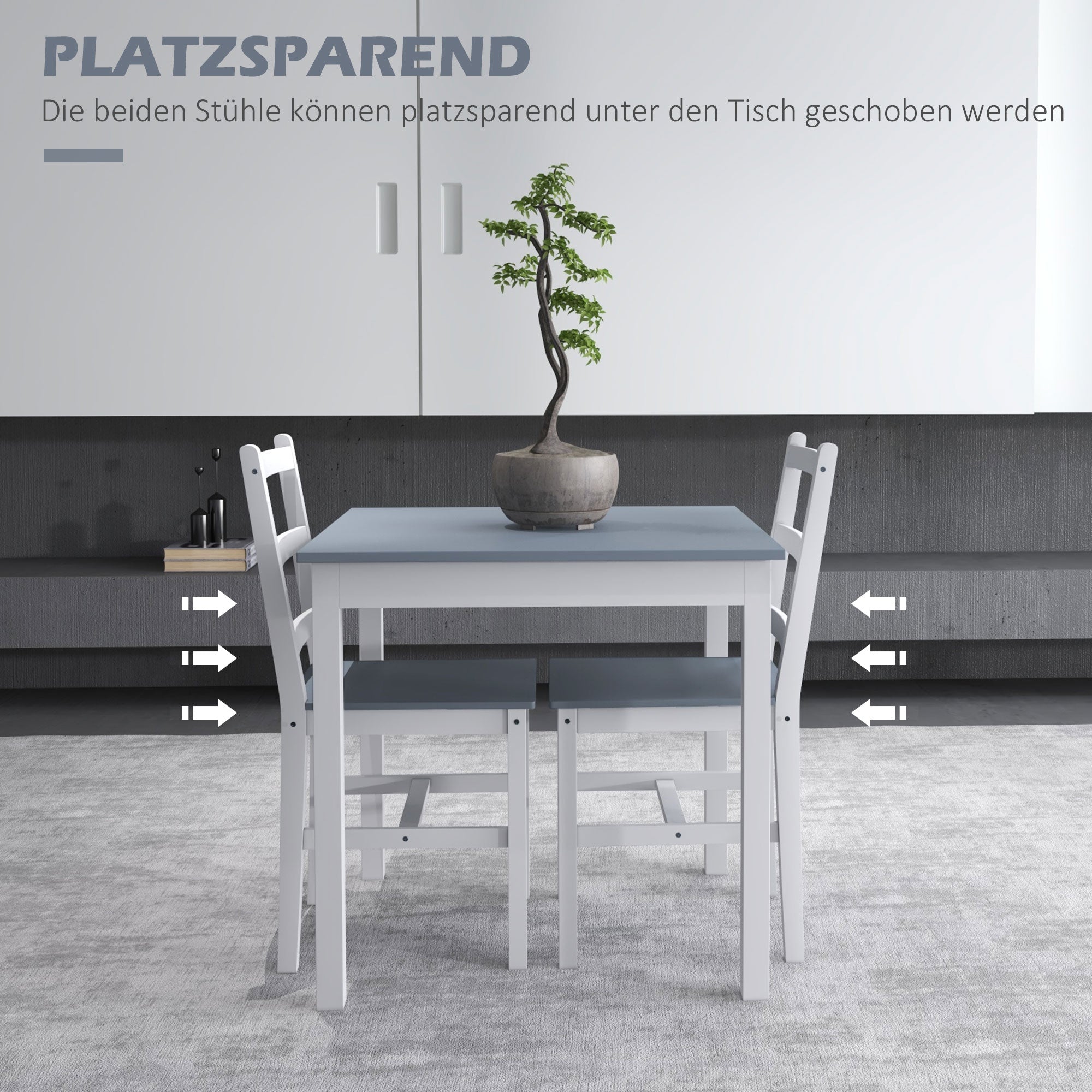 HOMCOM Essgruppe für 2 Personen, 2 Stühle, 1 Tisch, Kiefernholz, Weiß + Grau