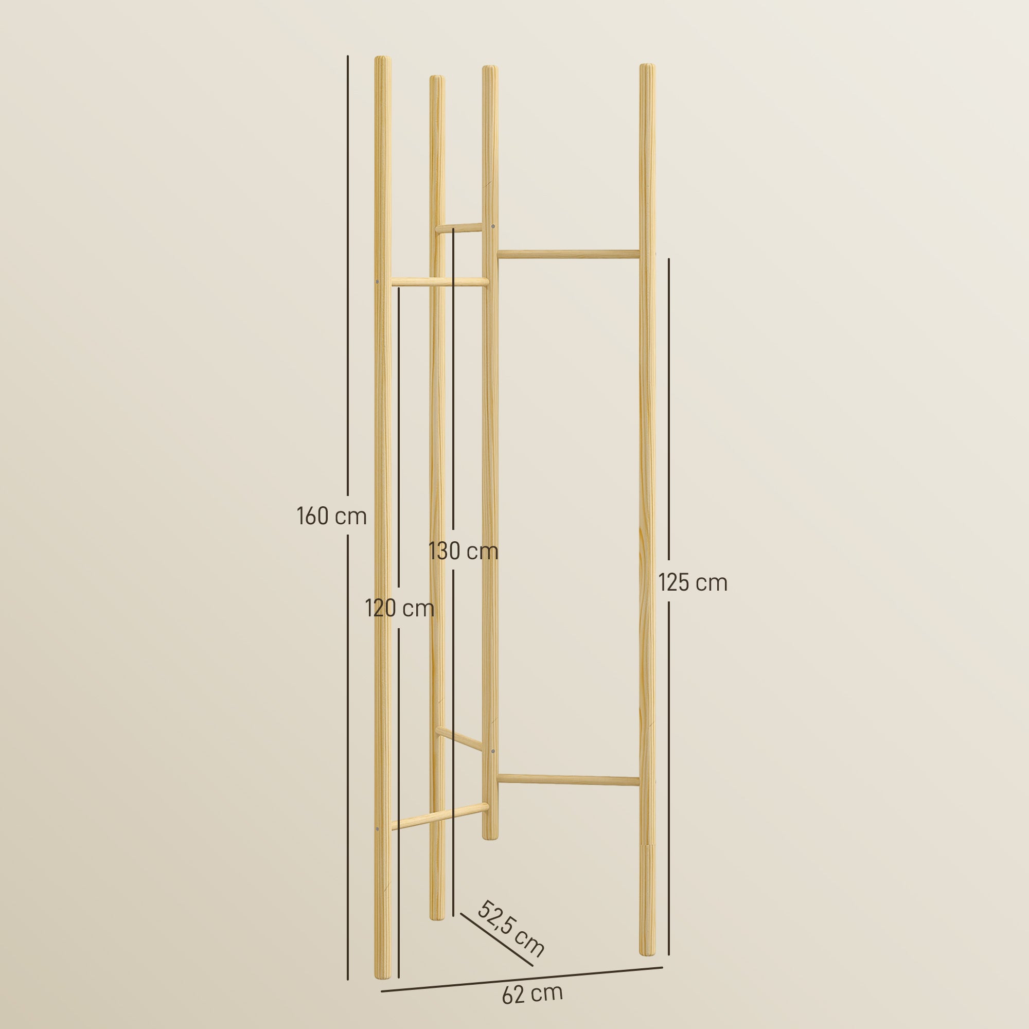 HOMCOM Kleiderständer, platzsparend, 5 kg Belastung, 62x52,5x160cm, Natur