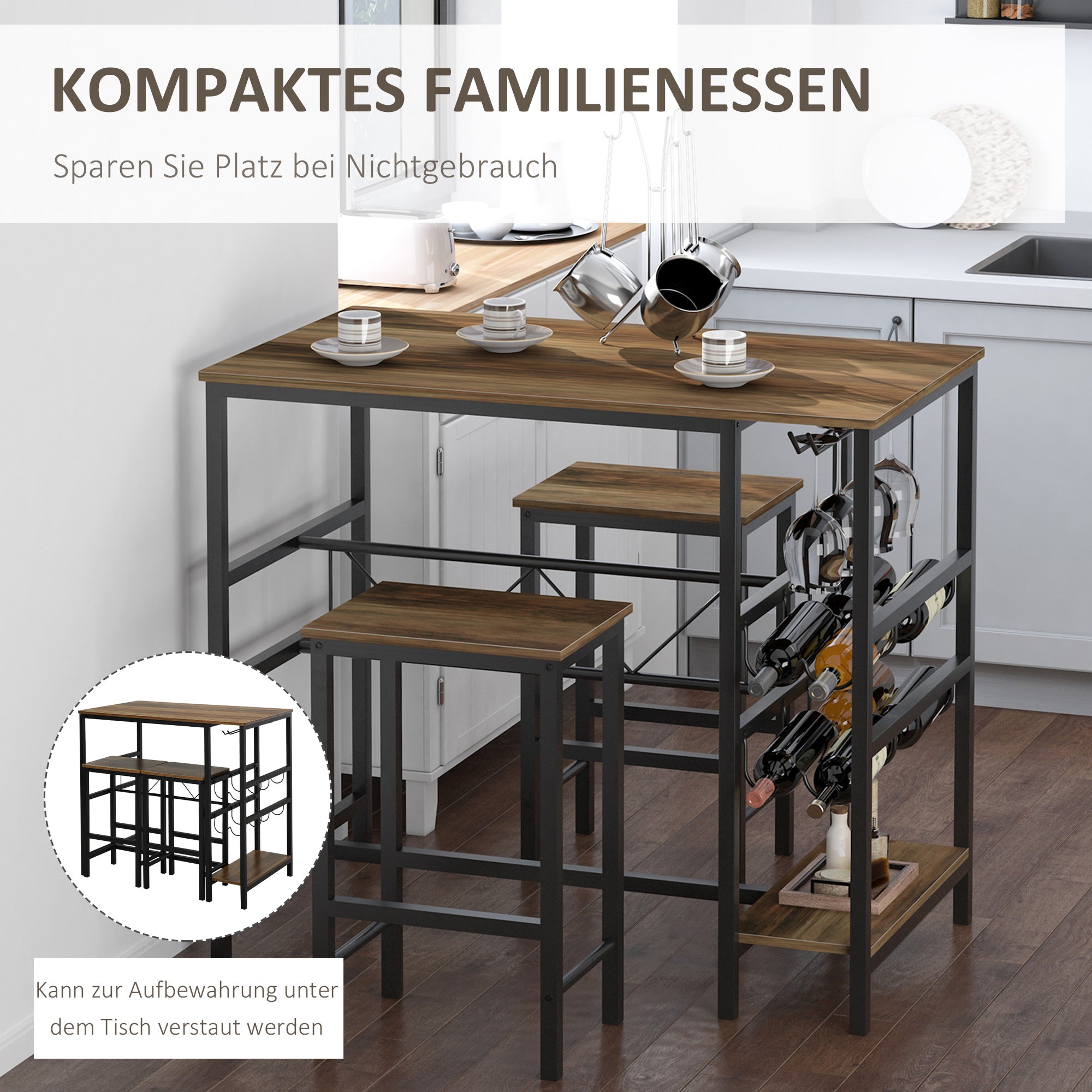 HOMCOM Bartisch-Set, Stehtisch mit 2 Barhockern, 3-teiliges Tischset Küchentresen mit Flaschenhalterung Spanplatte, Stahl, Natur+Schwarz, 108 x 60x 95H cm