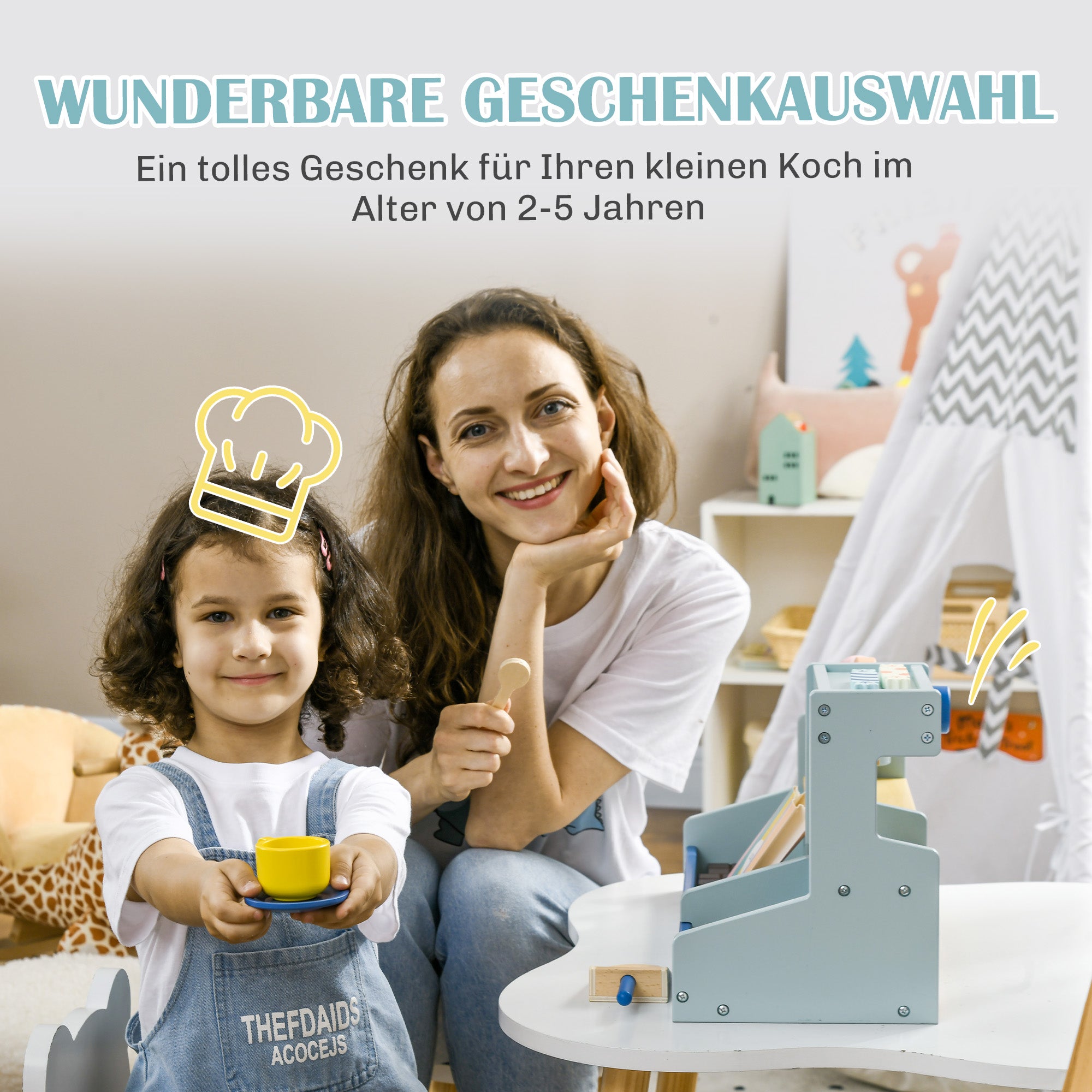 AIYAPLAY Spiel-Eisladen für Kinder, Eiscreme-Stand, viel Zubehör, fördert Fantasie und Motorik, Hellblau