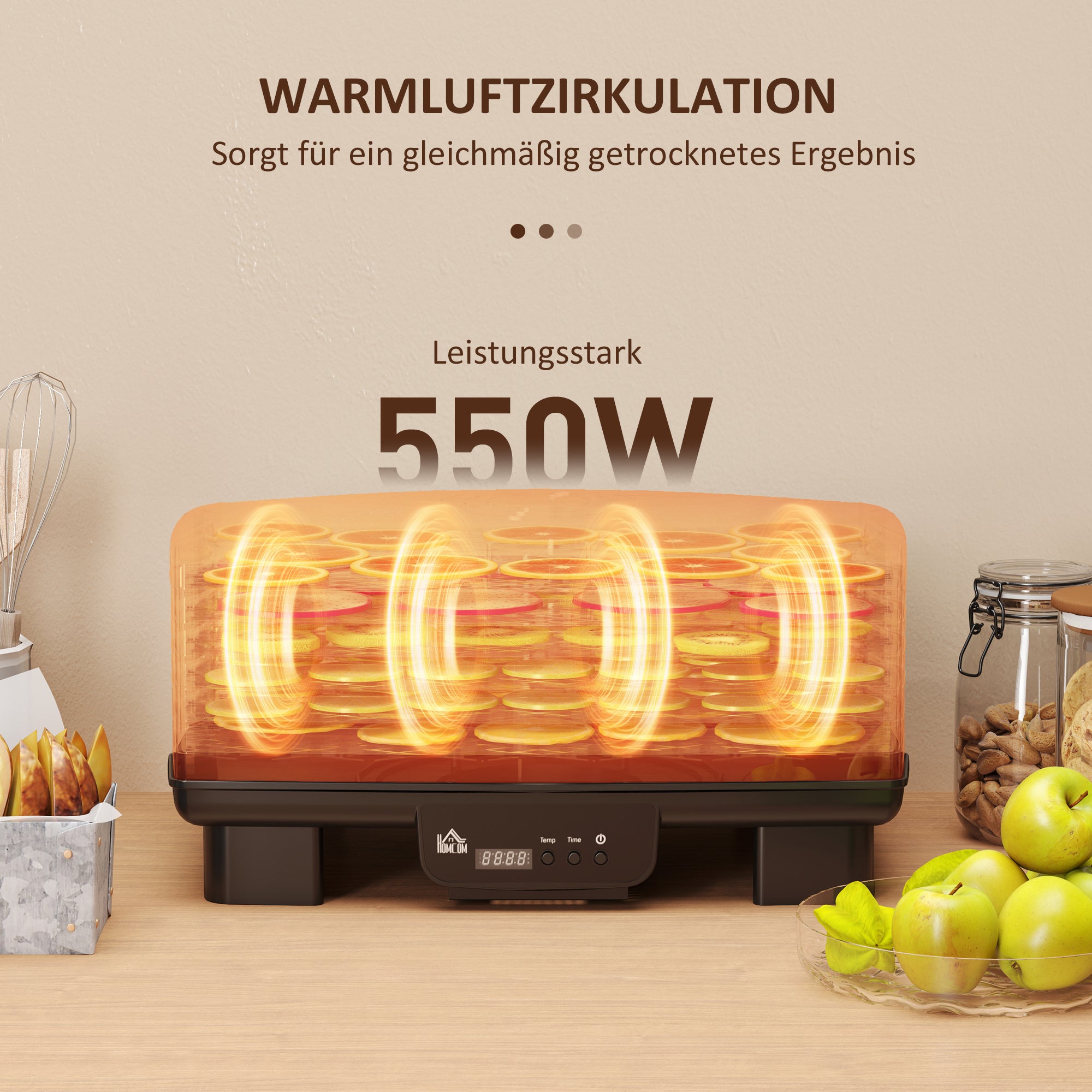 HOMCOM Dörrautomat, 6 Ebenen, Heißluftzirkulation, 40-70℃, 43 x 29,5 x 28 cm, Schwarz