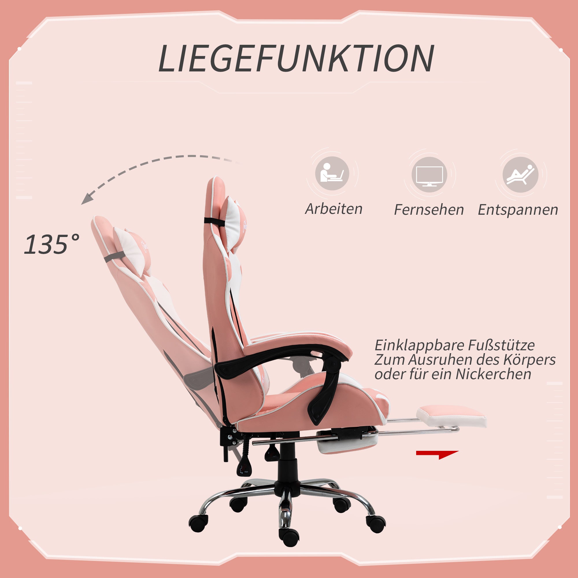 Vinsetto Gamingstuhl Computerstuhl Ergonomischer Bürostuhl Gamer Stuhl mit Kopfstütze Lendenkissen Bürostuhl höhenverstellbar 360°drehbar Schaumstoff Kunstleder PVC Rosa+Weiß 64 x 67 x 119-127 cm
