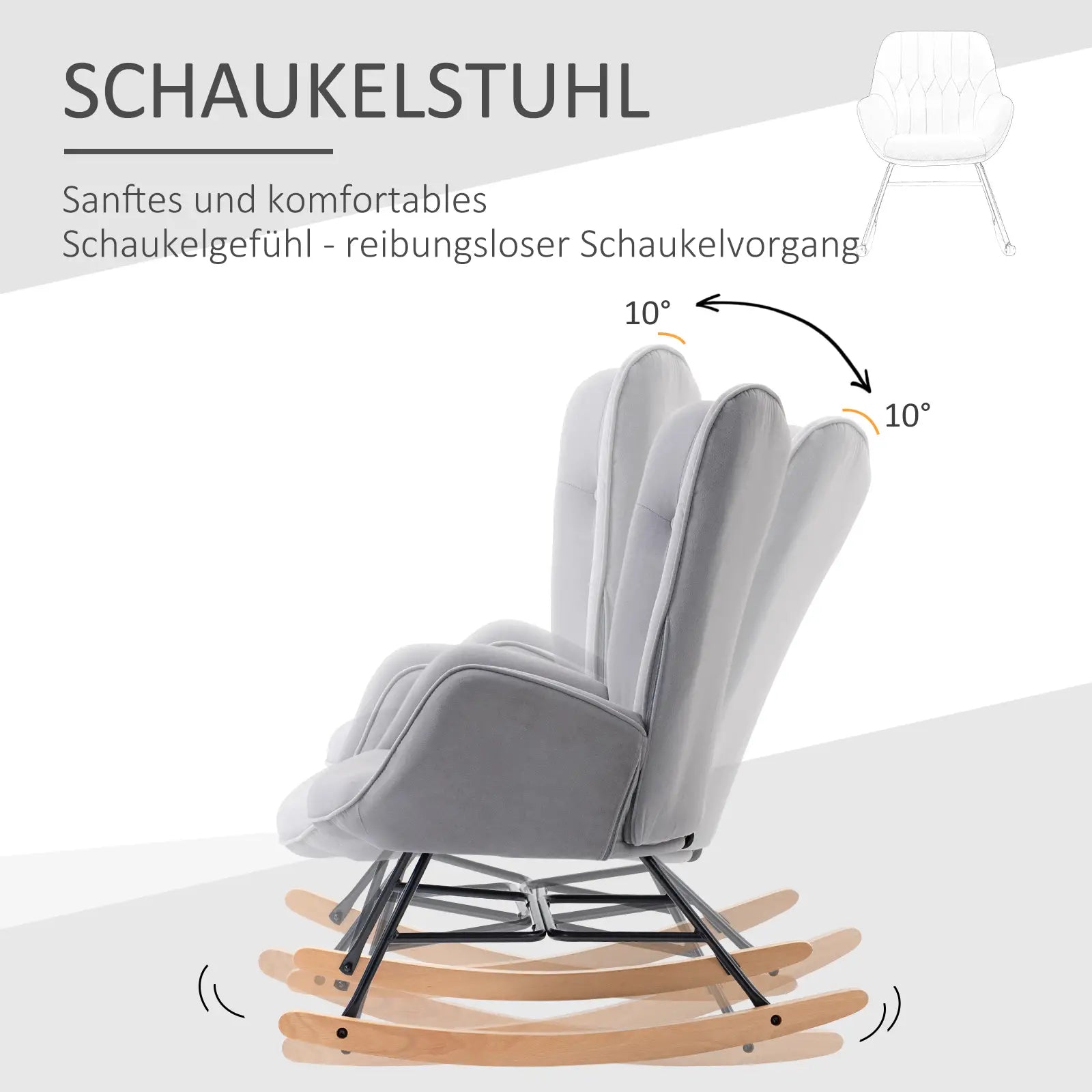 HOMCOM Schaukelstuhl mit Steppung, Holzkufen, Samtoptik, bis 150 kg, Hellgrau