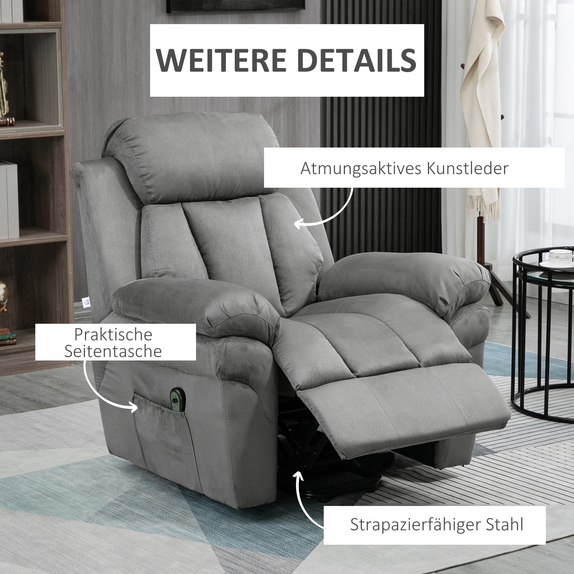 HOMCOM Fernsehsessel mit Aufstehhilfe, Relaxsessel. mit ausklappbarer Fußstütze, inkl. Fernbedienung, Grau