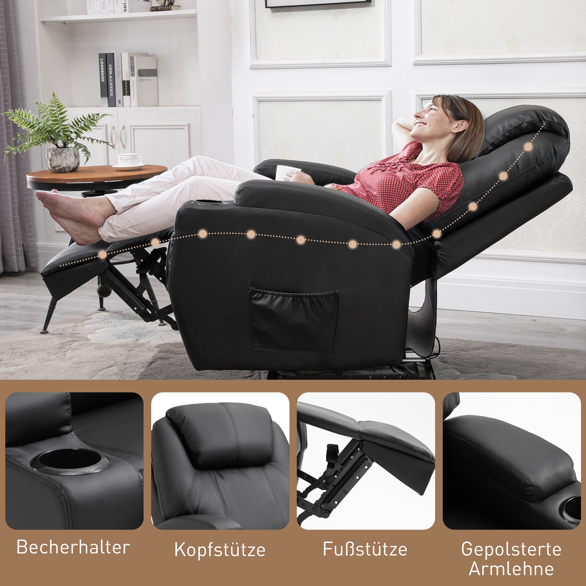 HOMCOM Massagesessel Elektrisch Relaxsessel Fernsehsessel Massagefunktion Liegefunktion TV-Sessel mit 2 Seitentaschen und Getränkehalter Kunstleder Schwarz 82 x 97 x 110 cm