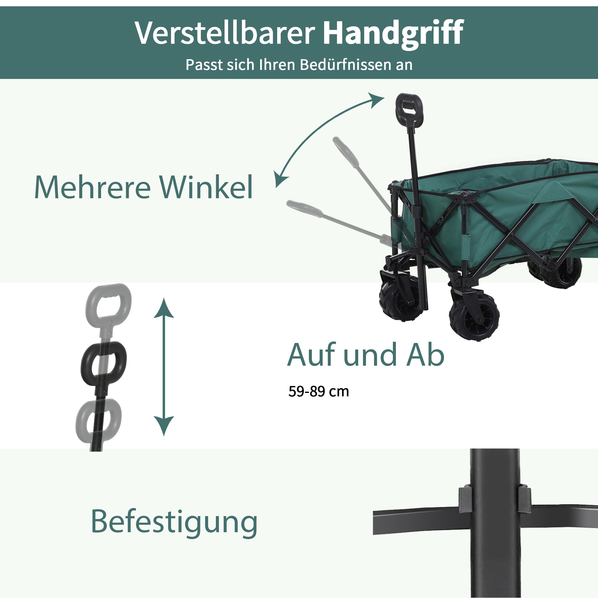 Outsunny Bollerwagen Faltbarer Handwagen 360° Gartenwagen Transportwagen mit Teleskop Griff Verstellbarer Griffhöhe Strandwagen bis 70 kg Tragkraft Metall Oxford Grün 108 x 55 x 59-89 cm