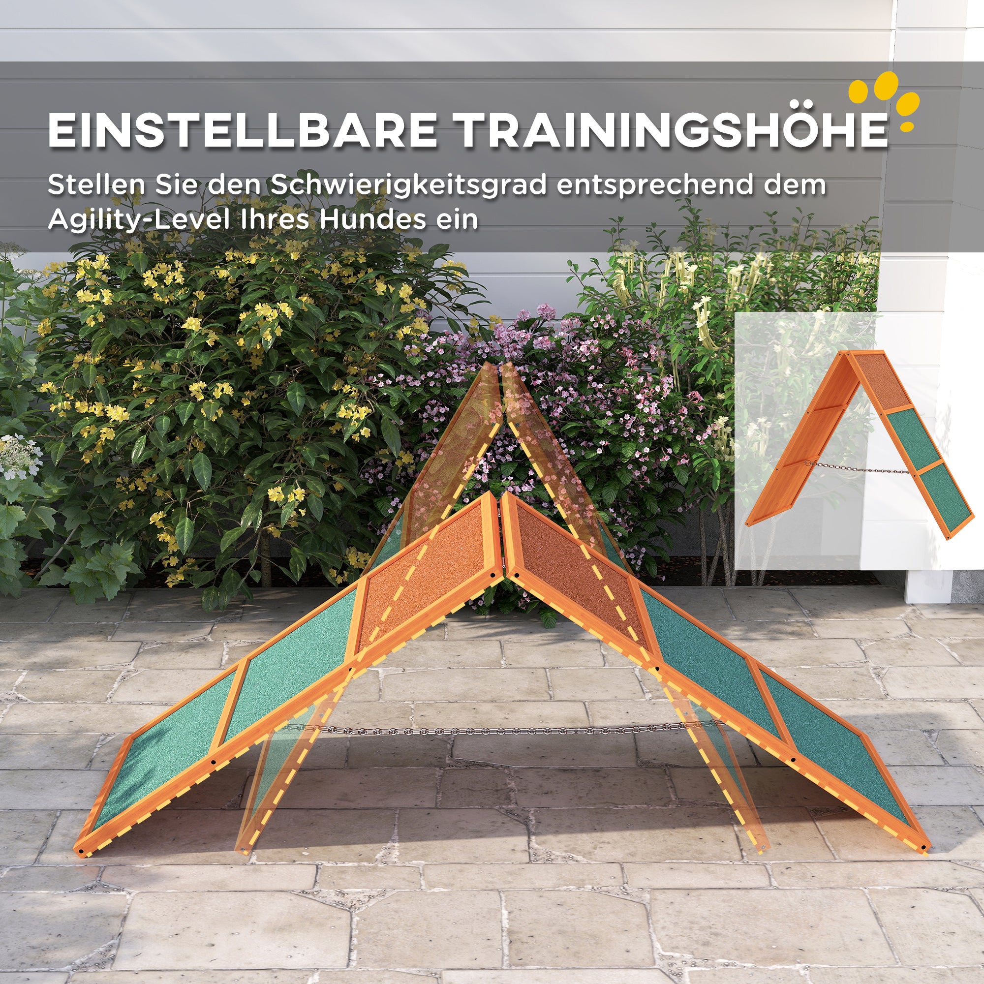 PawHut Agility Hunderampe, klappbar, verstellbare Höhe, rutschfest, Tannenholz, bis 40 kg, 173 x 59 x 66 cm, Orange/Grün