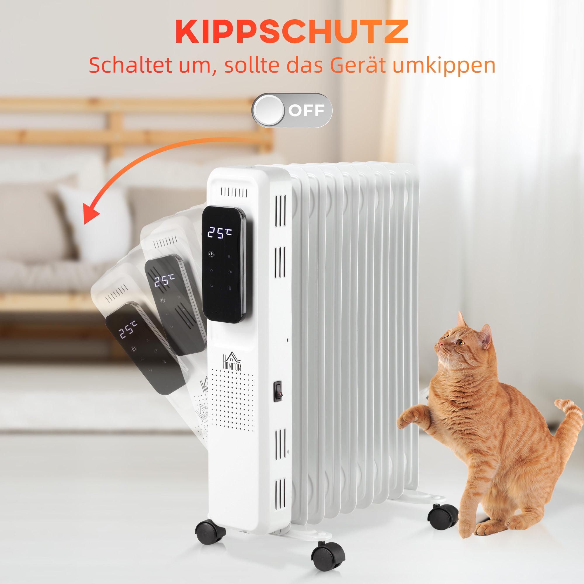 HOMCOM Ölheizung, 3 Heizstufen, Touch-Display, 15-35° C, 2000 W, Stahl, weiß, 42,5 x 24 x 63cm