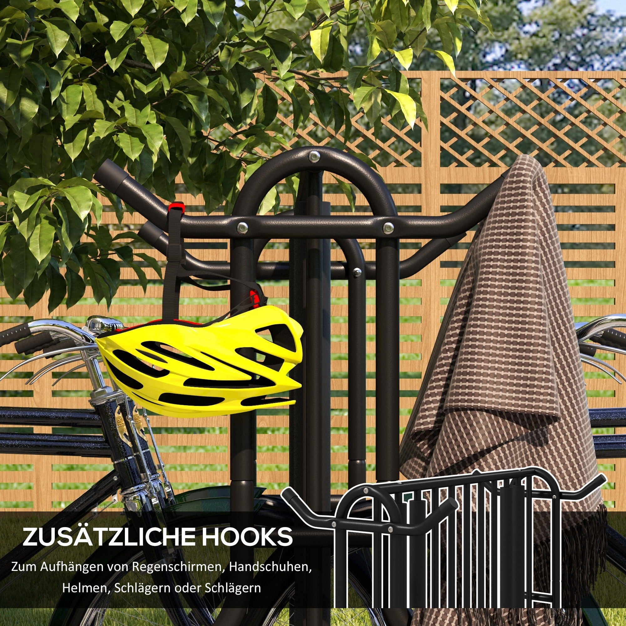 DURHAND Fahrradständer für 4 Fahrräder, wetterbeständig, zusätzliche Halterung, 90 x 80 x 80 cm, Schwarz