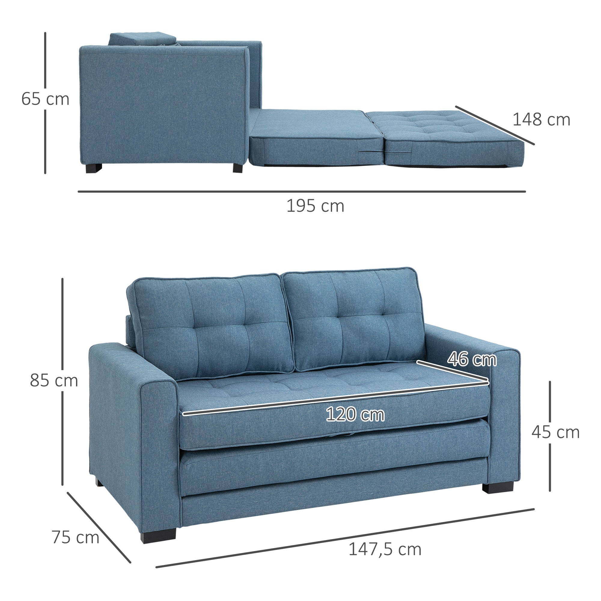 HOMCOM Schlafsofa Klappsofa 2-Sitzer Stoffsofa Bettsofa Sofa mit Schlaffunktion Sofagarnitur Leinen-Touch Gummiholz Blau 147,5 x 75 x 85 cm
