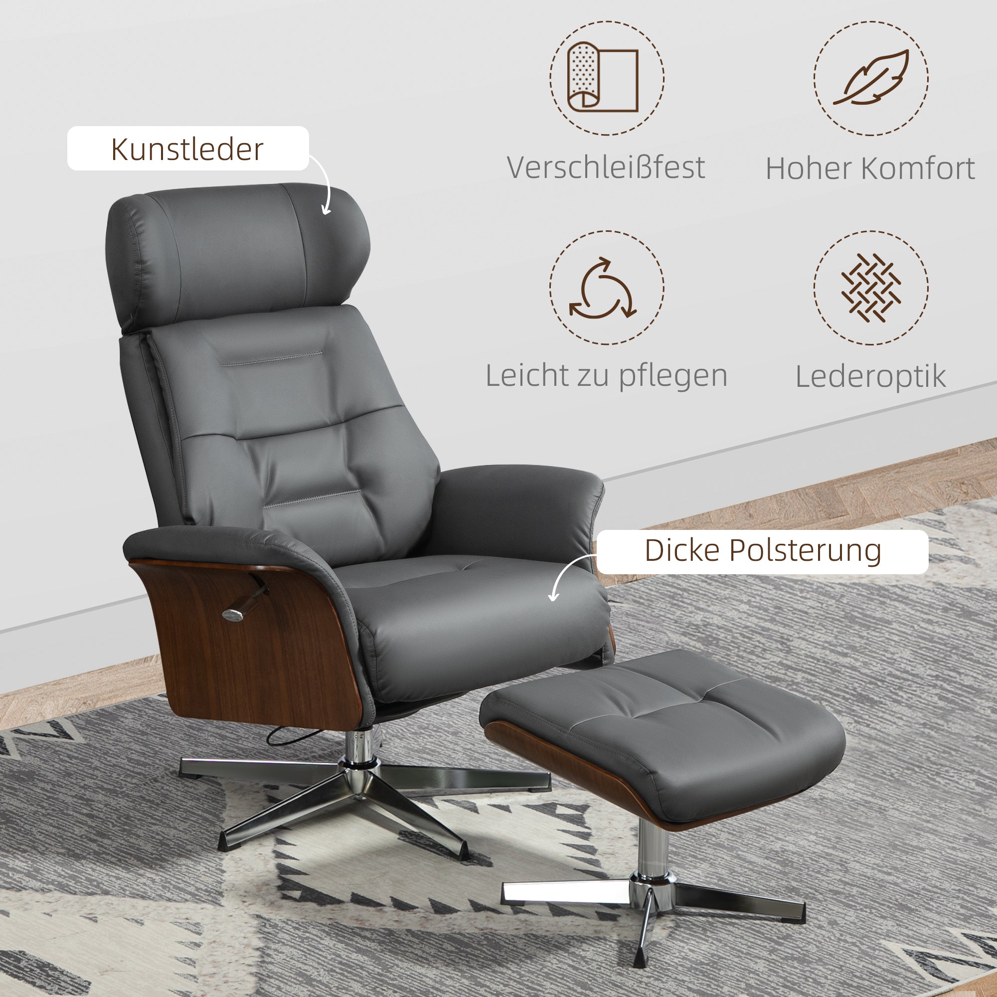 HOMCOM Relaxsessel mit Hocker, Liegefunktion, drehbar, Lederoptik, bis 150 kg, Dunkelgrau