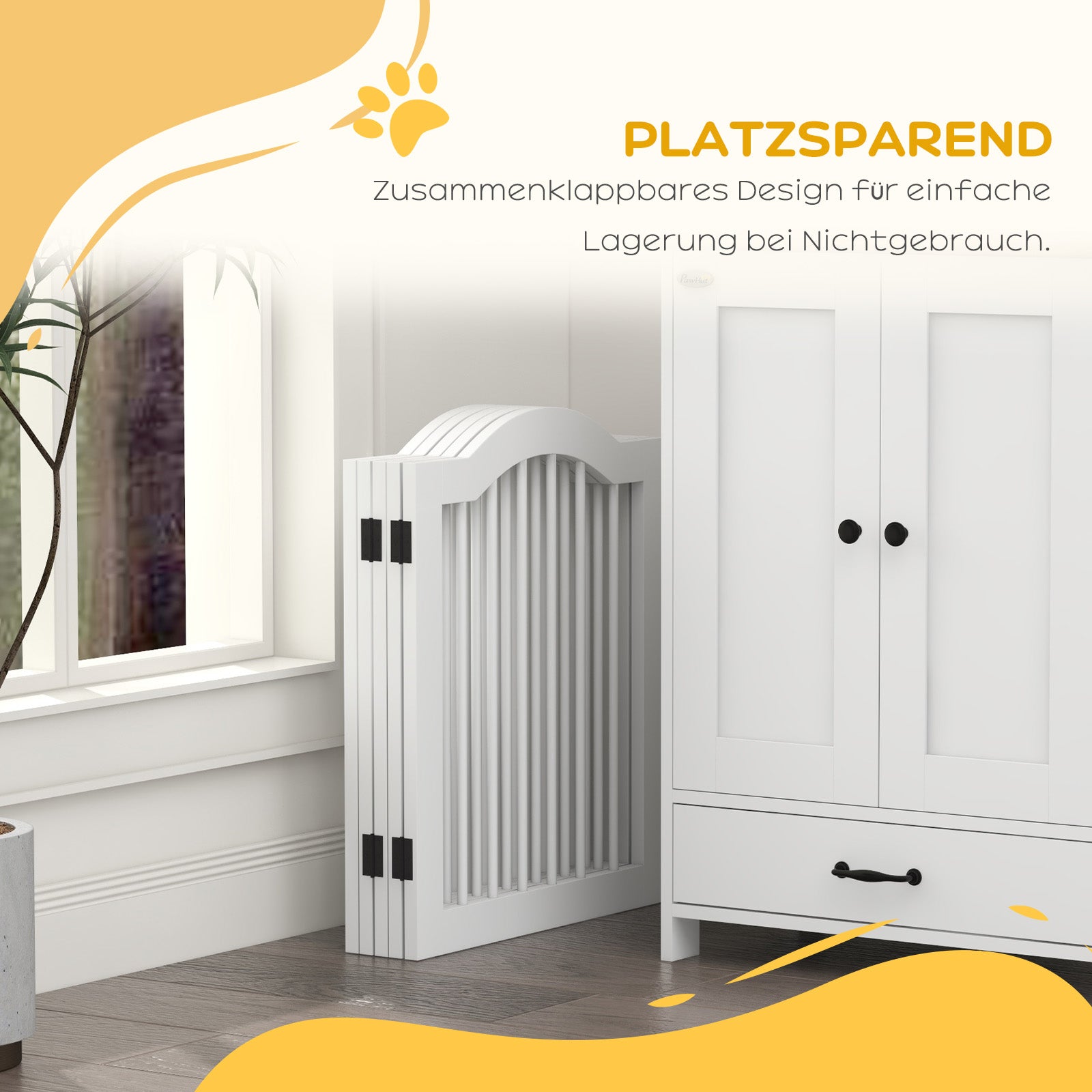 PawHut Hunde-Absperrgitter, 5 Paneele, klappbar, flexibel, Massivholz/MDF, 254,5x29,5x61 cm, Weiß