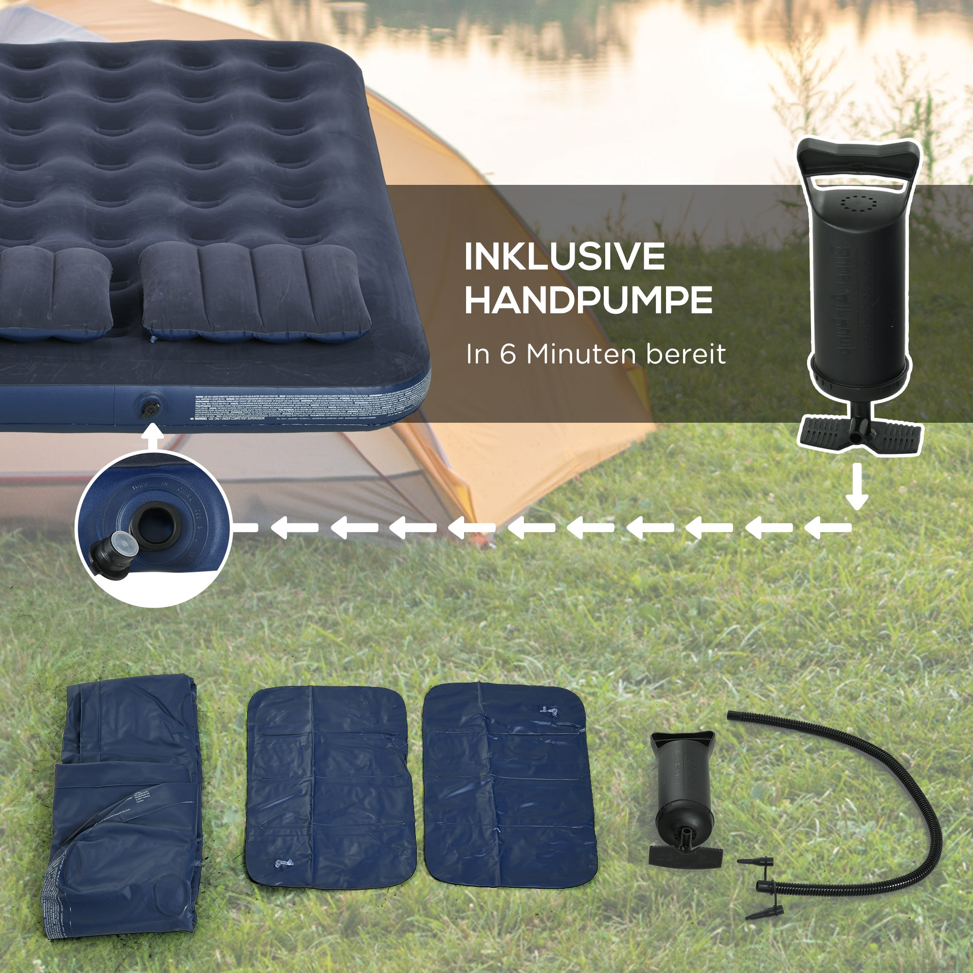 Outsunny Luftmatratze für 2 Personen, mit Handpumpe, weich & robust, 203x152x22cm, Blau