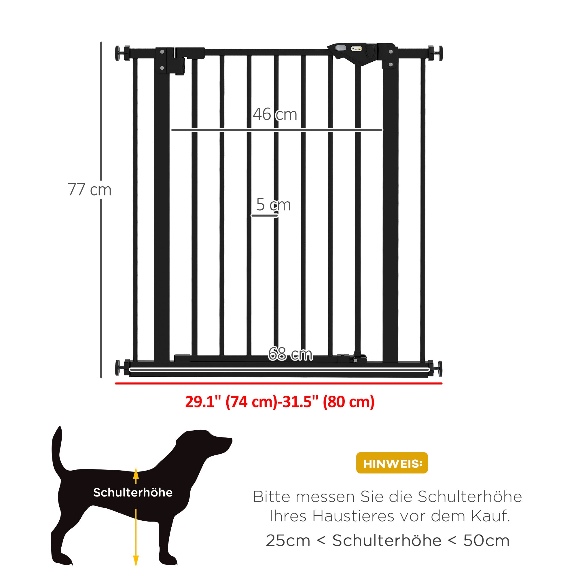 PawHut Türschutzgitter für Hunde, Absperrgitter, Schutzgitter für Haustiere, Metall, Kunststoff, 74-80 cm, Schwarz