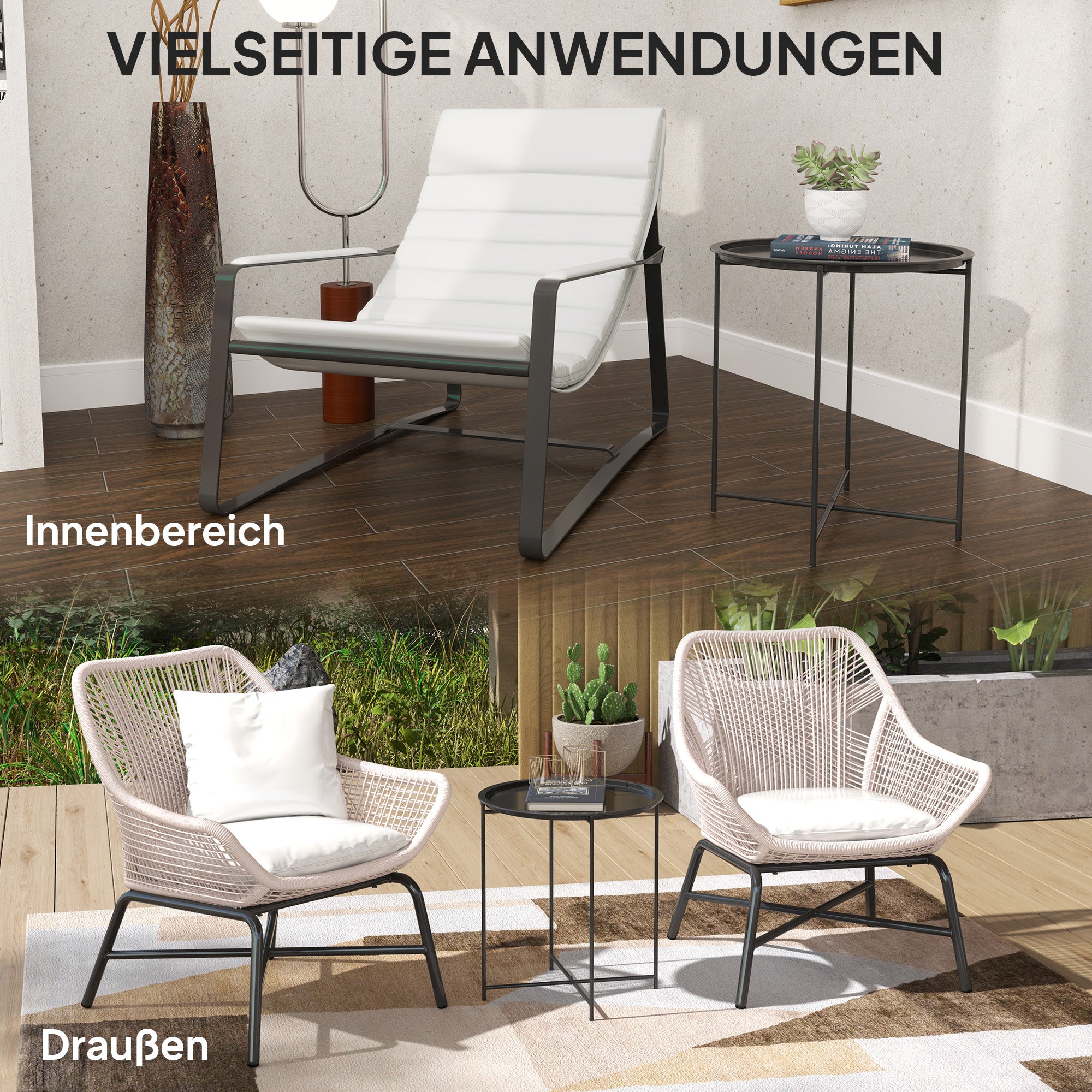 Outsunny Gartentisch, Runder Außen-Beistelltisch aus Stahl mit herausnehmbarem Tablett, faltbares Design, Terrassentisch, Schwarz