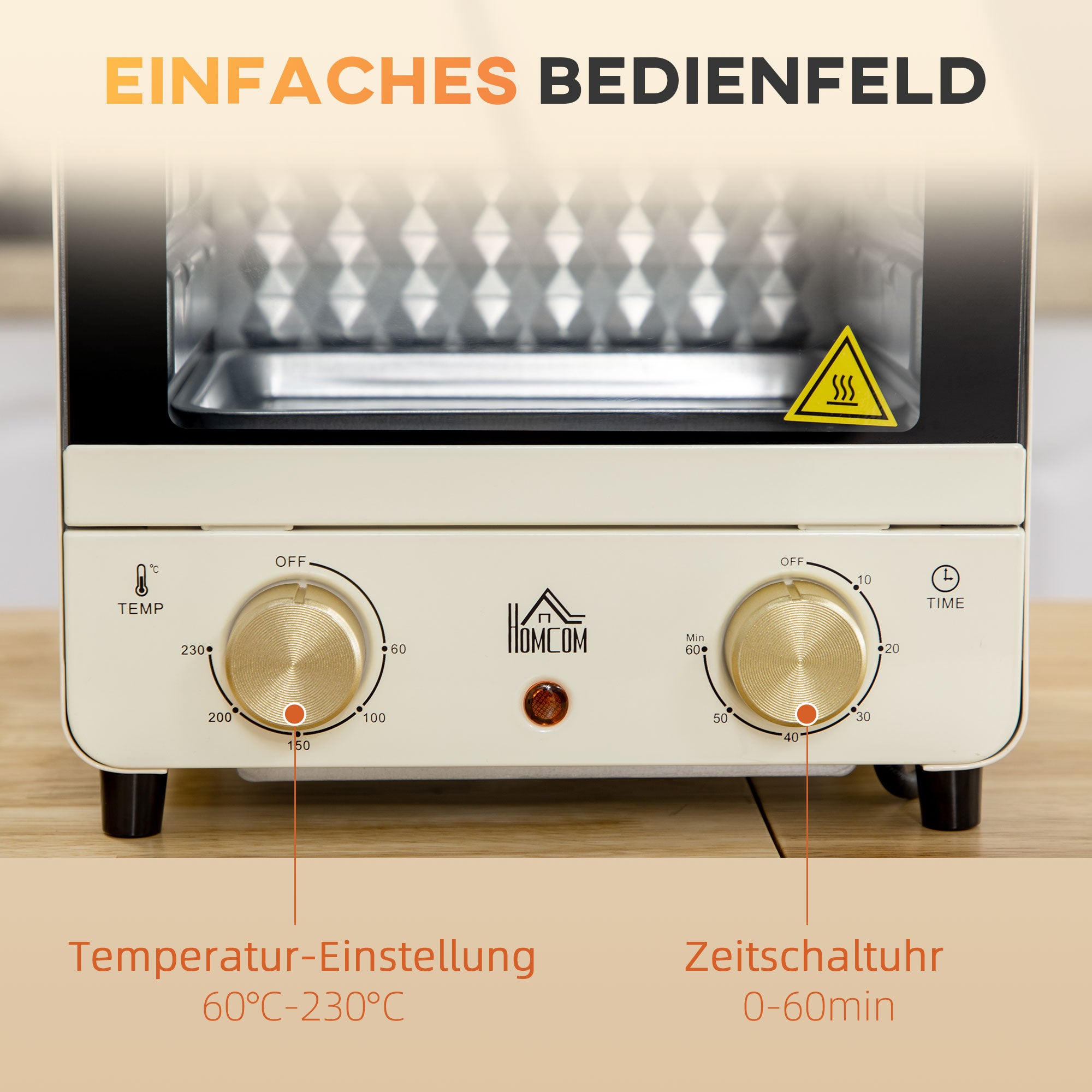 HOMCOM Mini Ofen 15L Fassungsvermögen, höhenverstellbares Backblech und Gitterrost, 1000W, Cremeweiß