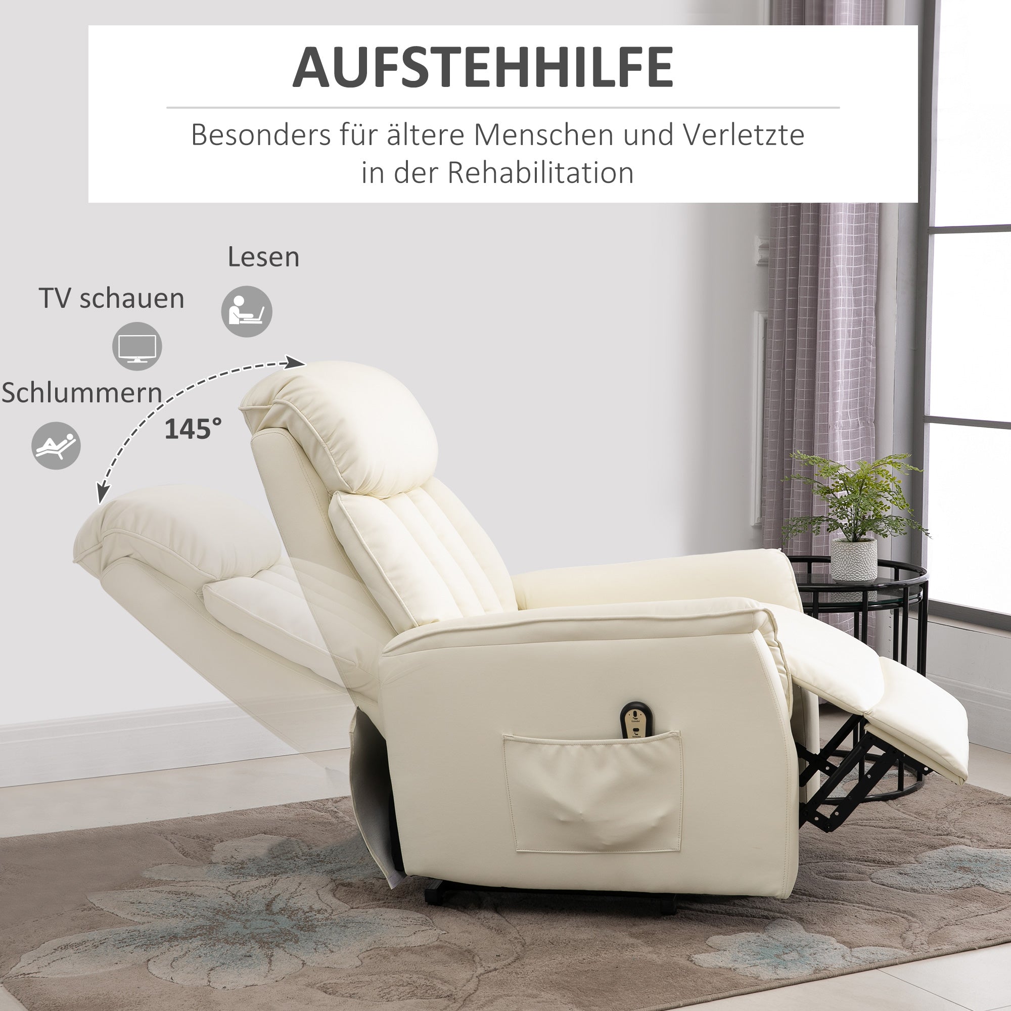 HOMCOM Relaxsessel Elektrisch Fernsehsessel mit Aufstehhilfe, Liegefunktion, TV Sessel mit Fußteil, Seitentasche, Fernbedienung, für Wohnzimmer, bis 150 kg, Kunstleder, Beige