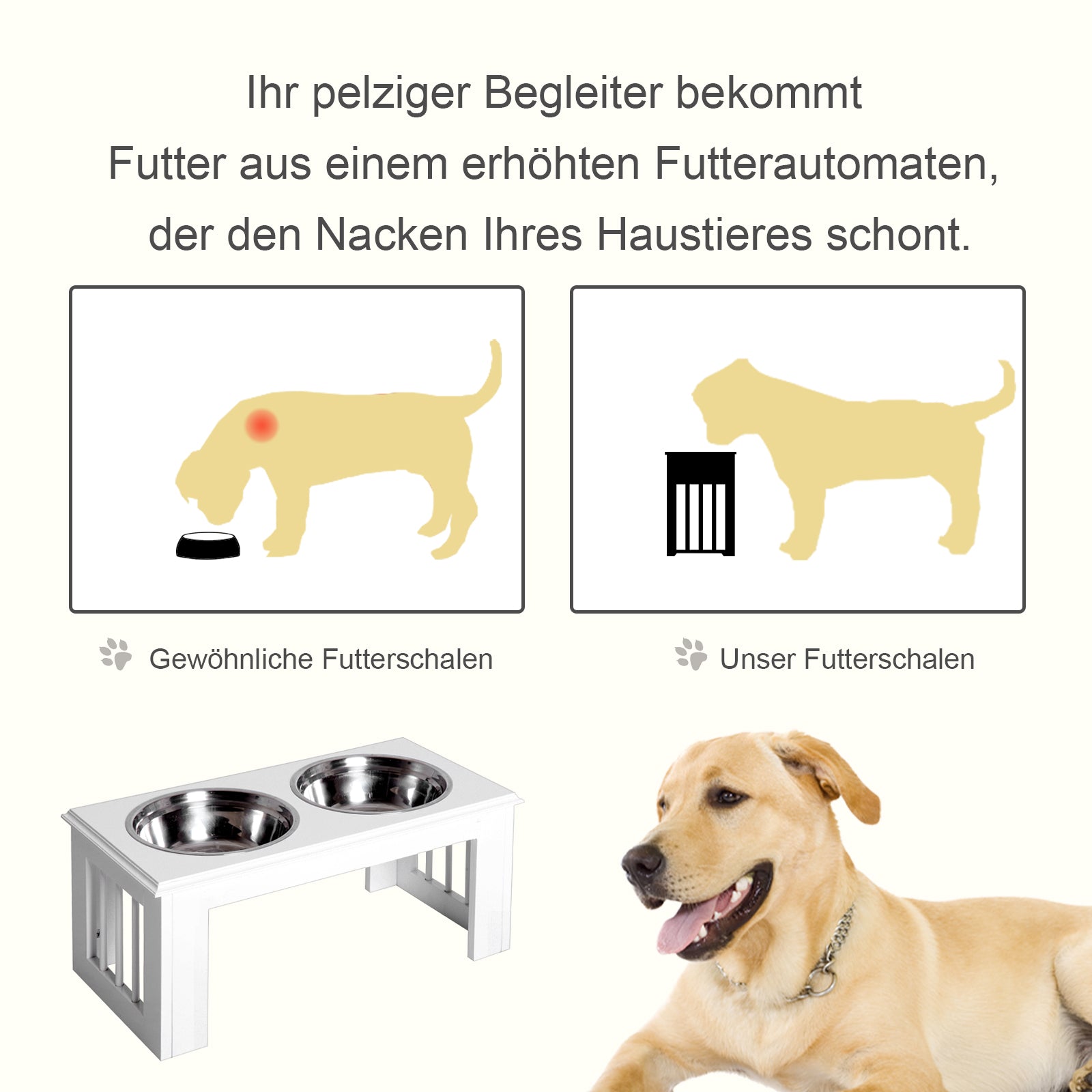 PawHut Hunde-Futterstation, rutschfest, 58,4 x 30,5 x 25,4cm, Weiß, 2L pro Napf
