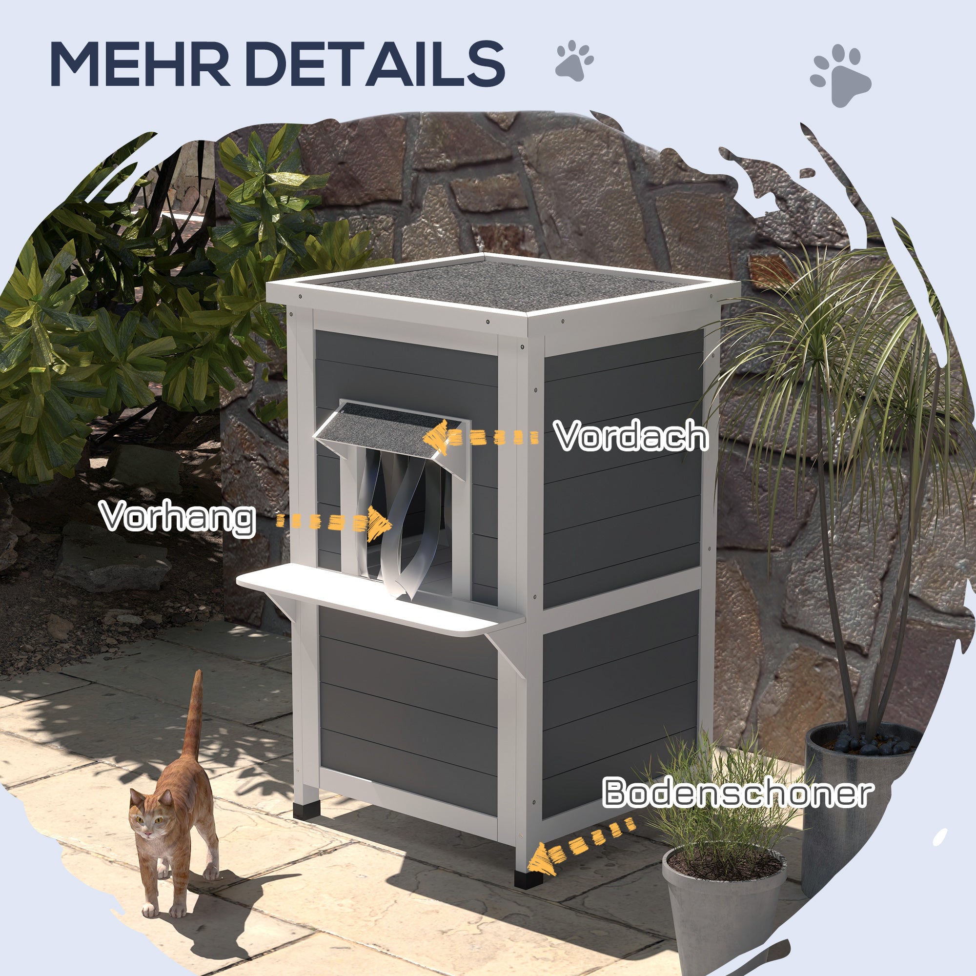 PawHut Katzenhaus, Katzenhütte, Outdoor, Wetterbeständig, 60 cm x 60 cm x 81.5cm, Weiß + Grau
