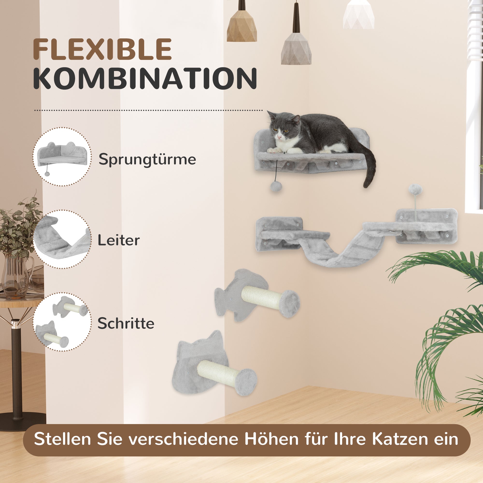 PawHut Katzentreppen-Set, 4-teilig, Kratzmöbel mit Sisal-Stufen, doppelter Plattform, Hellgrau/Cremeweiß