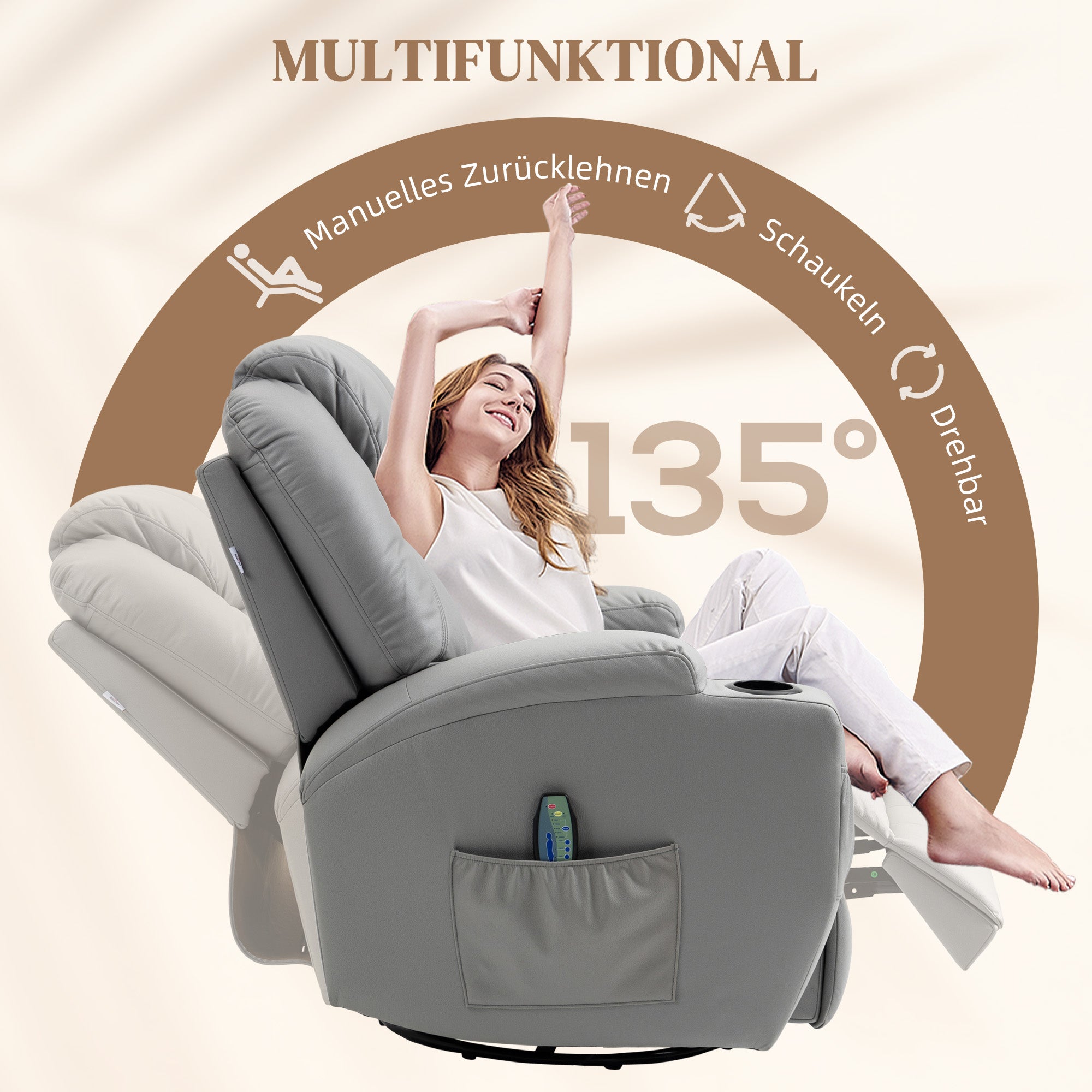 HOMCOM Massagesessel mit Fußstütze, 8 Vibrationspunkte, 5 Modi, inkl. Fernbedienung, Hellgrau