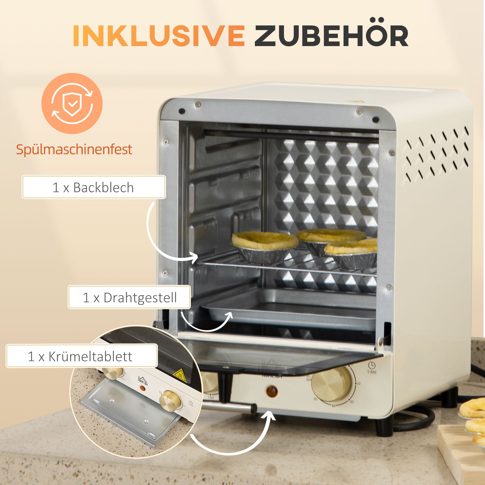 HOMCOM Mini Ofen 15L Fassungsvermögen, höhenverstellbares Backblech und Gitterrost, 1000W, Cremeweiß